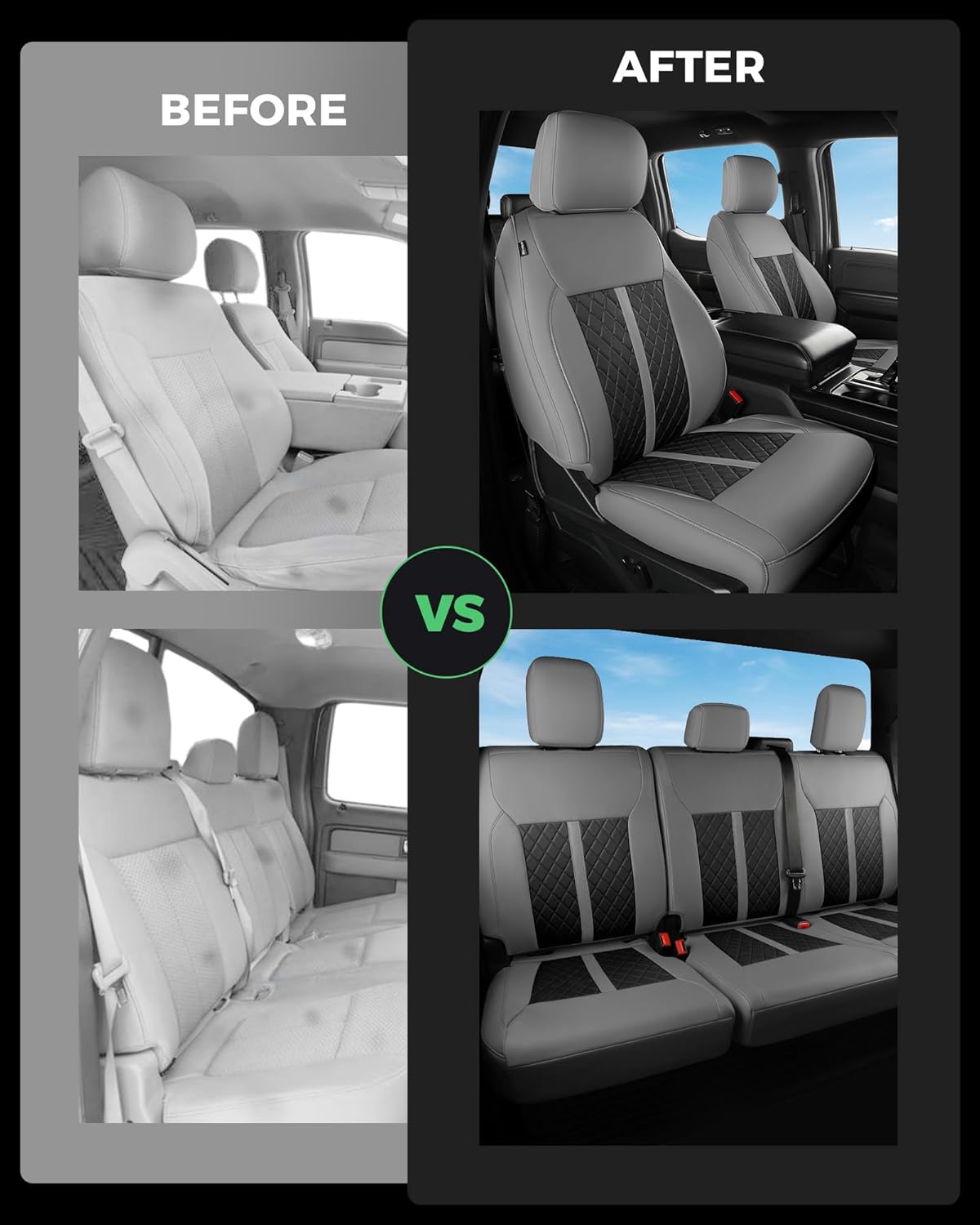 for Ford F150 Leather Seat Covers, Super Crew Cab XL XLT Platinum 2010 2011 2012 2013 2014, Custom Fit Truck Seat Cover Full Set, Pickup Protectors Accessories, Gray Black (Bucket Seat)