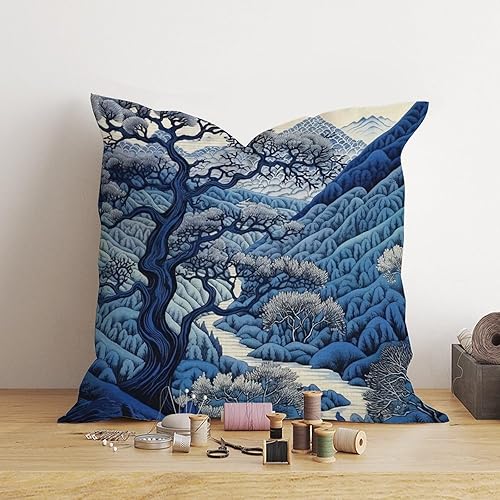 Miniatura 4 de Daintree Tree - Funda de almohada estilo chinoiserie, color blanco, azul, índigo, funda de almohada asiática, 22 x 22 pulgadas, decoración rústica