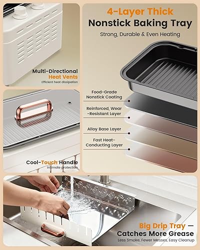 Miniatura 7 de Parrilla eléctrica 4 en 1 para interiores sin humo para el hogar, parrilla eléctrica de encimera con sartén y rejilla extraíble + brochetas