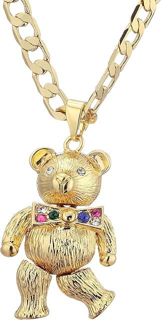 THE BLING KING Gold 3D Teddy Bear Pendant with Cuban Chain Necklace - Gold Plated Jewellery with Decorative Stones, Moveable Head, Arms and Legs - Chain Size: 4mm x 24" Inch, Pendant Size: 23mm x 40mm