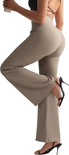 Miniatura 5 de RUUHEE Pantalones de yoga cruzados acanalados para mujer con bolsillos, cintura alta, acampanados, leggings acampanados