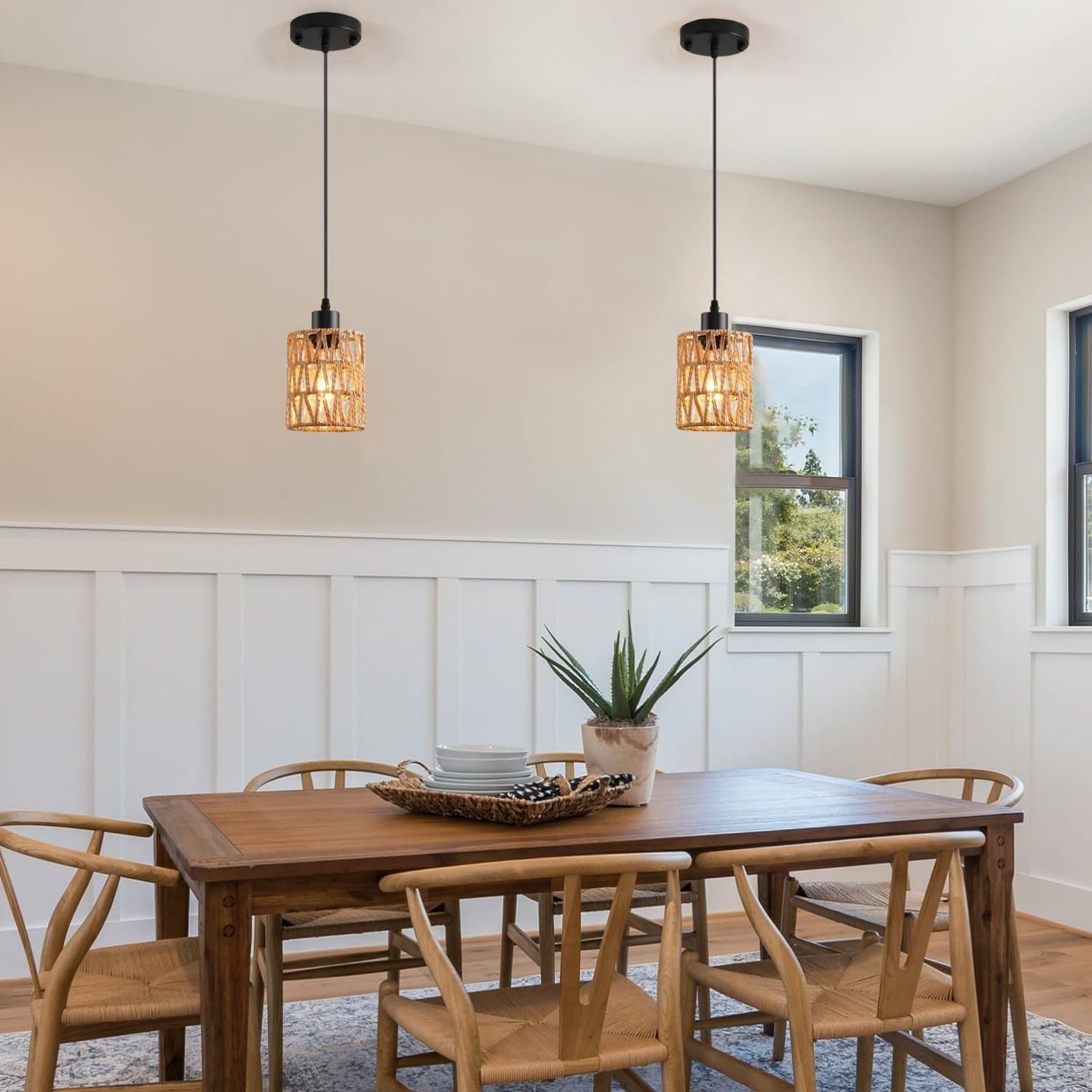Rattan Pendant Light Boho Farmhouse Hanging Ceiling Lamp Vintage Rustic Small Basket Woven Pendant Lighting Fixture for Kitchen Island Bedroom