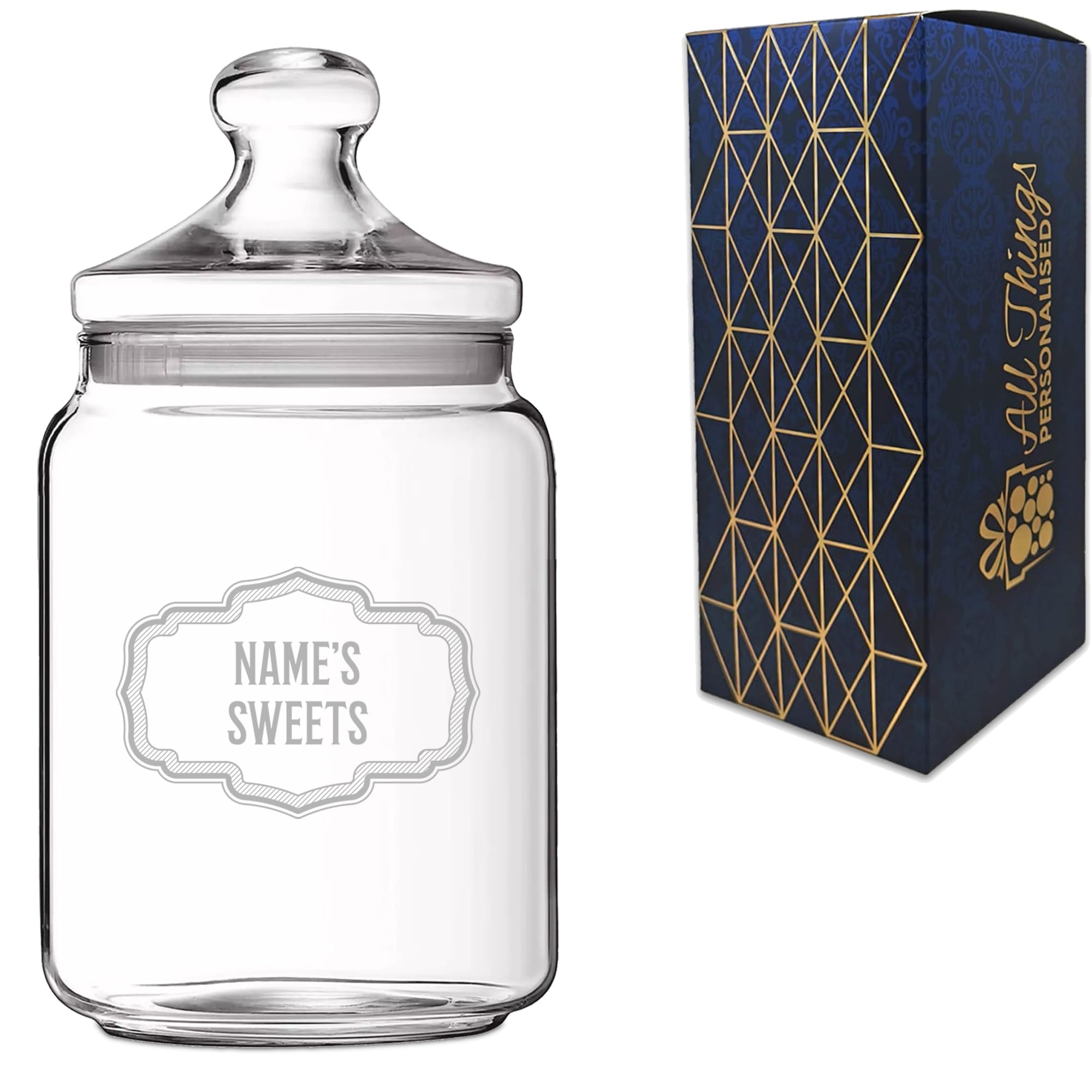 Personalised 1 Litre Glass Sweet Jar with Name's Sweets Retro Design, Custom Laser Engraved Treat Jar with Lid, Personalised Gift for Birthdays, Christmas or Retirements, Gift Box Included
