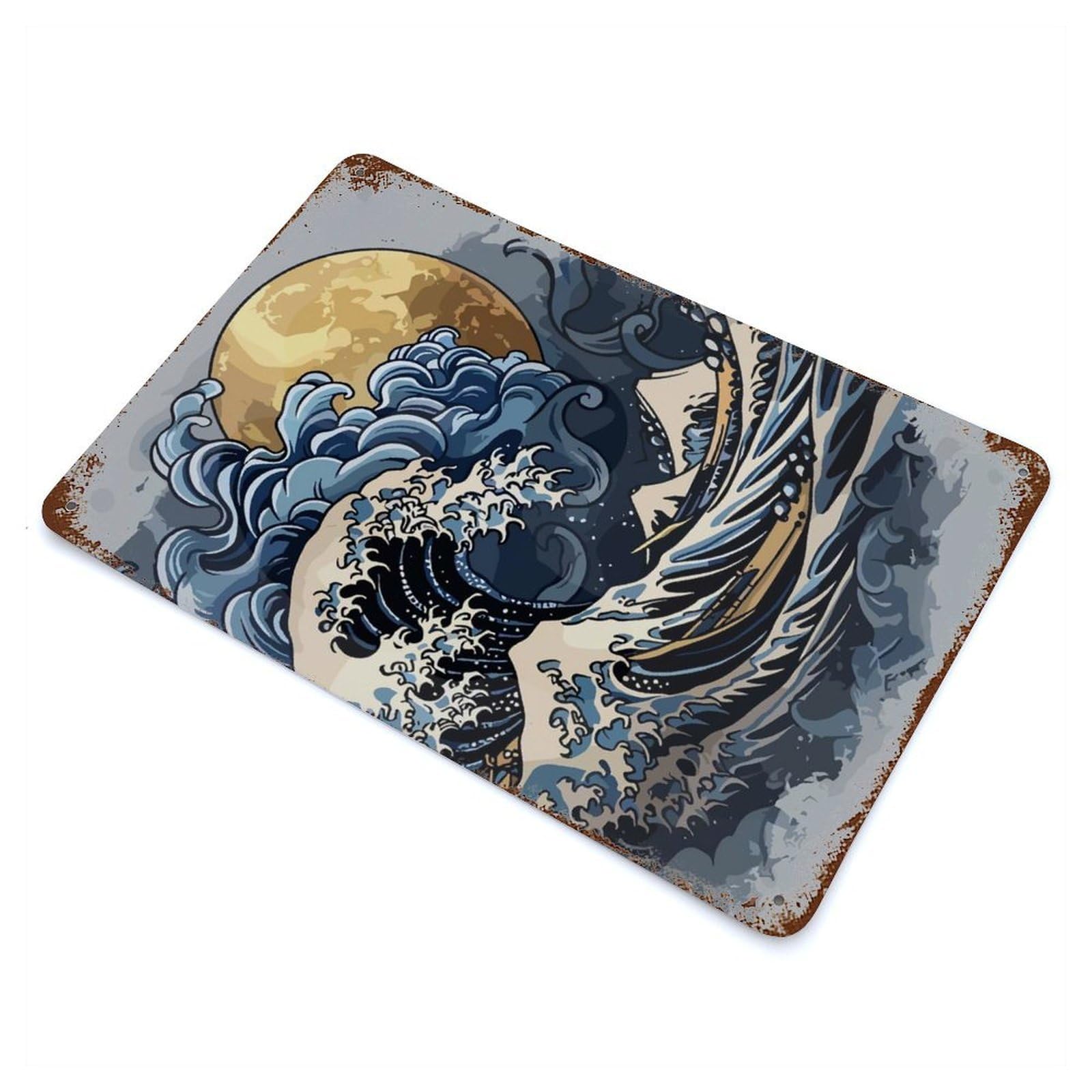The Great Wave Kanagawa Inspired Art Weathered Tin Sign 11.8"x7.9", Novelty Wall Decor for Garage, Pub Or Kitchen
