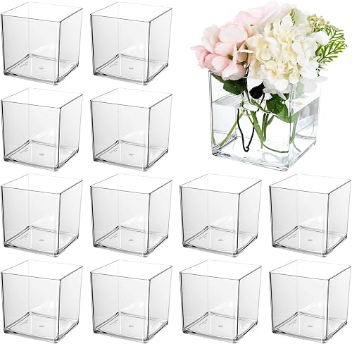 12 Pcs Clear Square Vases Acrylic for Centerpieces 4'' x 4'' | Cube Square Flower Vase Bulk, Plastic Vases Container for Flowers Centerpieces Office Home Table Wedding Floral Plant