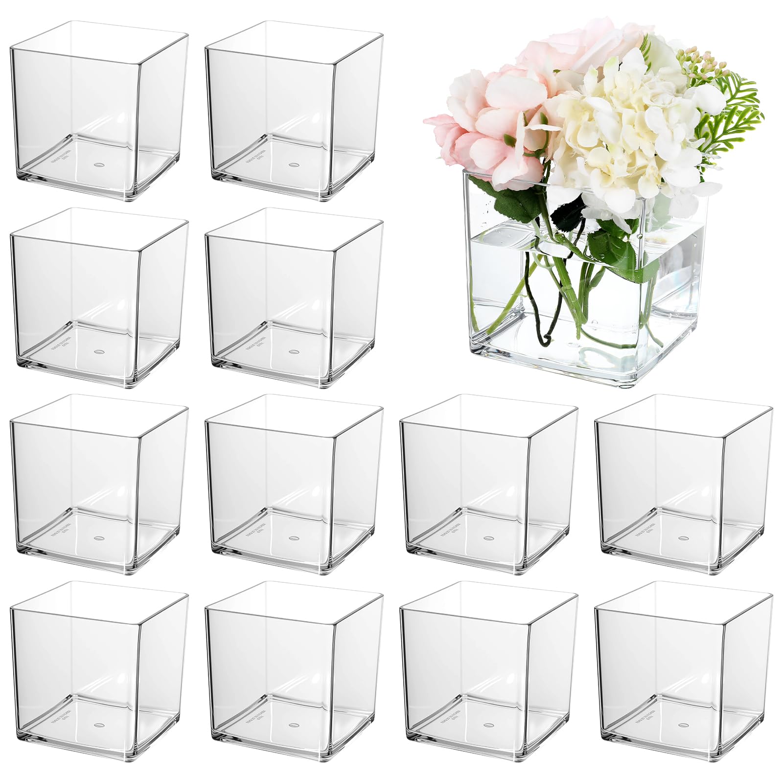 11pcs clear square vases acrylic for centerpieces 4'' x 4'' | cube square flower vase bulk, plastic vases container for flowers centerpieces office home table wedding floral plant