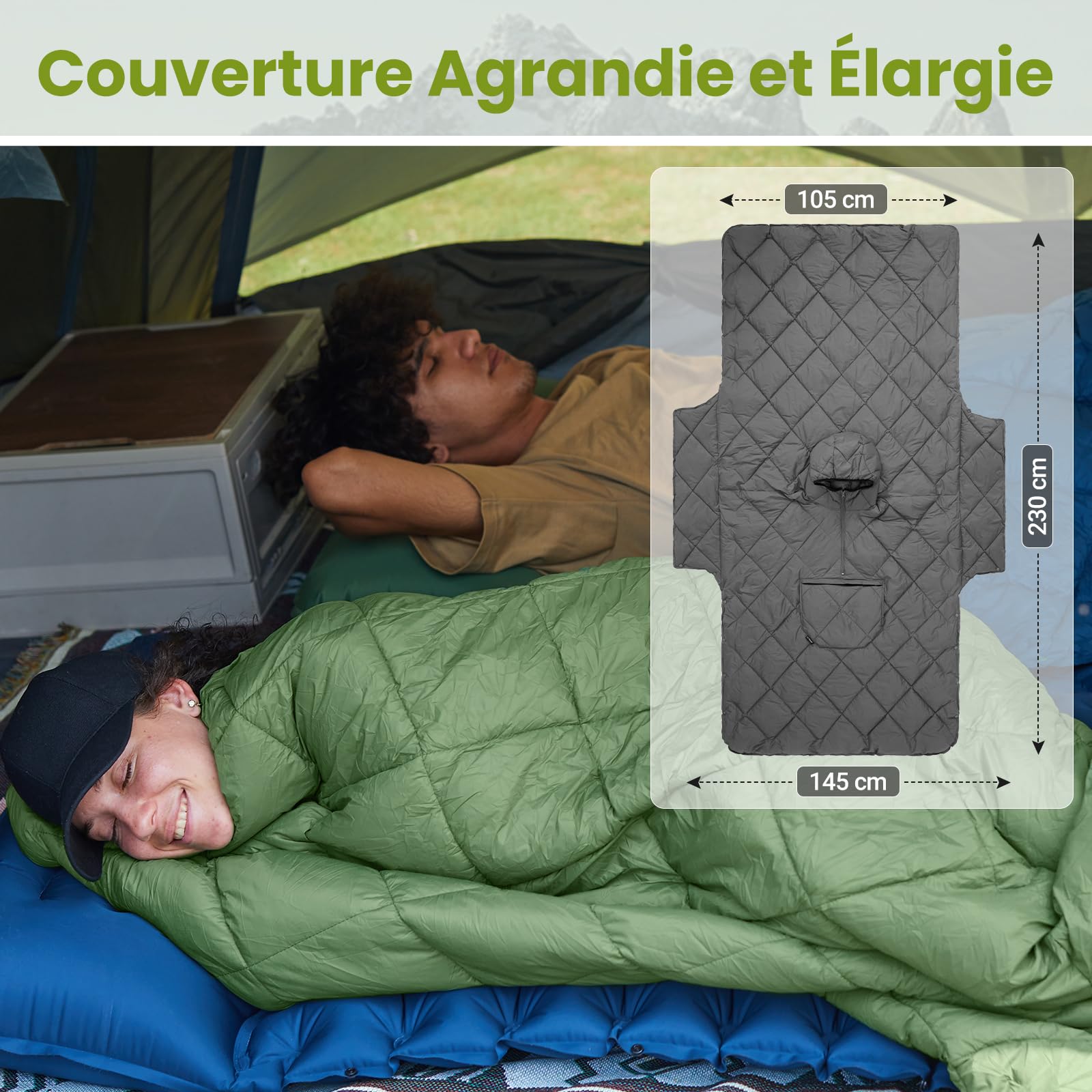 ATEPA Légère Couverture De Camping Multifonctionnelle avec Capuche, Imperméable Et Coupe-Vent, Poncho De Plein Air Portable avec Poches, Idéale pour Les Voyages 145x115 Cm, 0,65 Kg