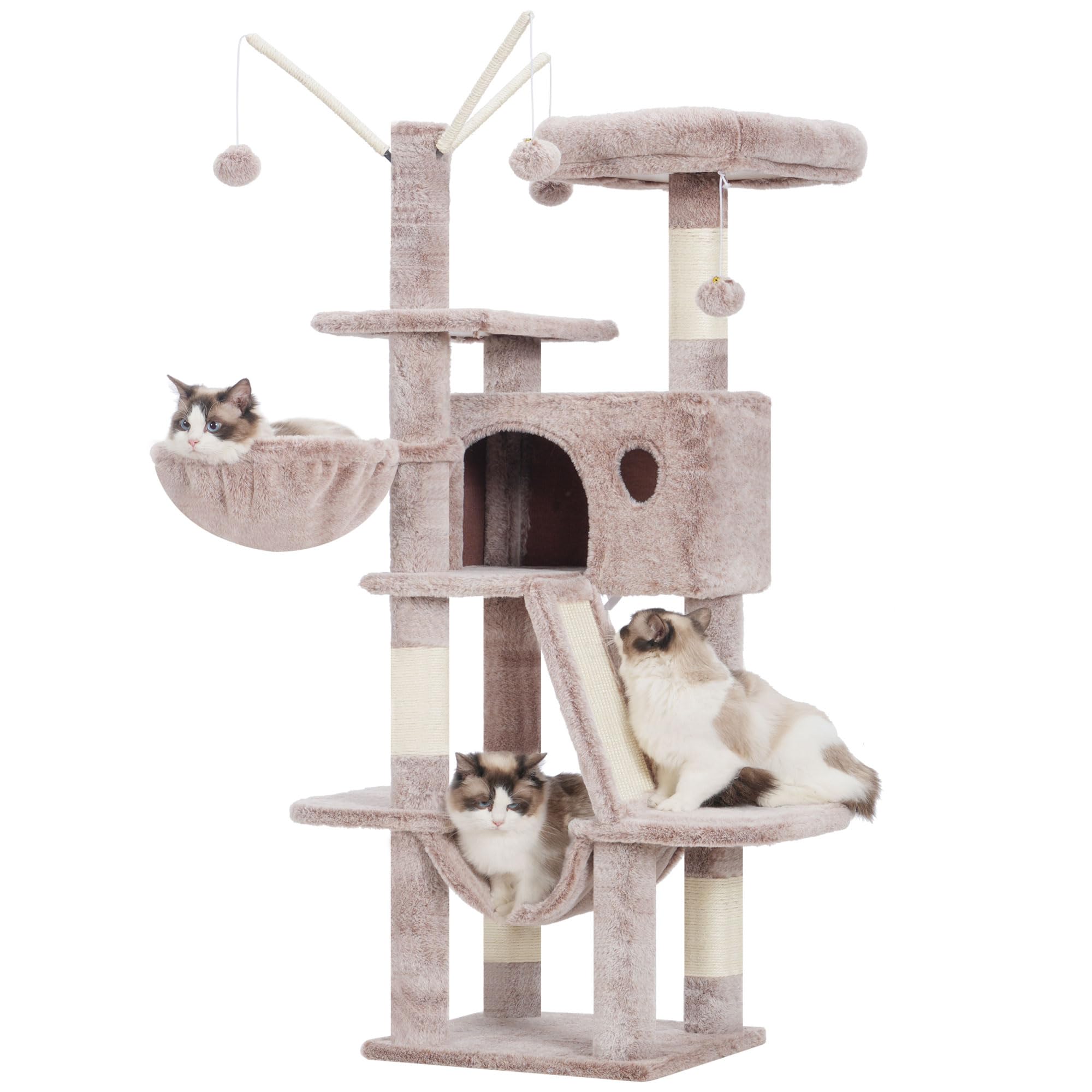 Hey-Brother Kratzbaum, 135 cm Indoor Katzenbaum, Mit gepolsterter Plattform Bett, Spielzeug Ball, Höhlen, Hängematte und Sisal Kratzbaum Katzenhaus, Beige-Braune MPJ019-SMU