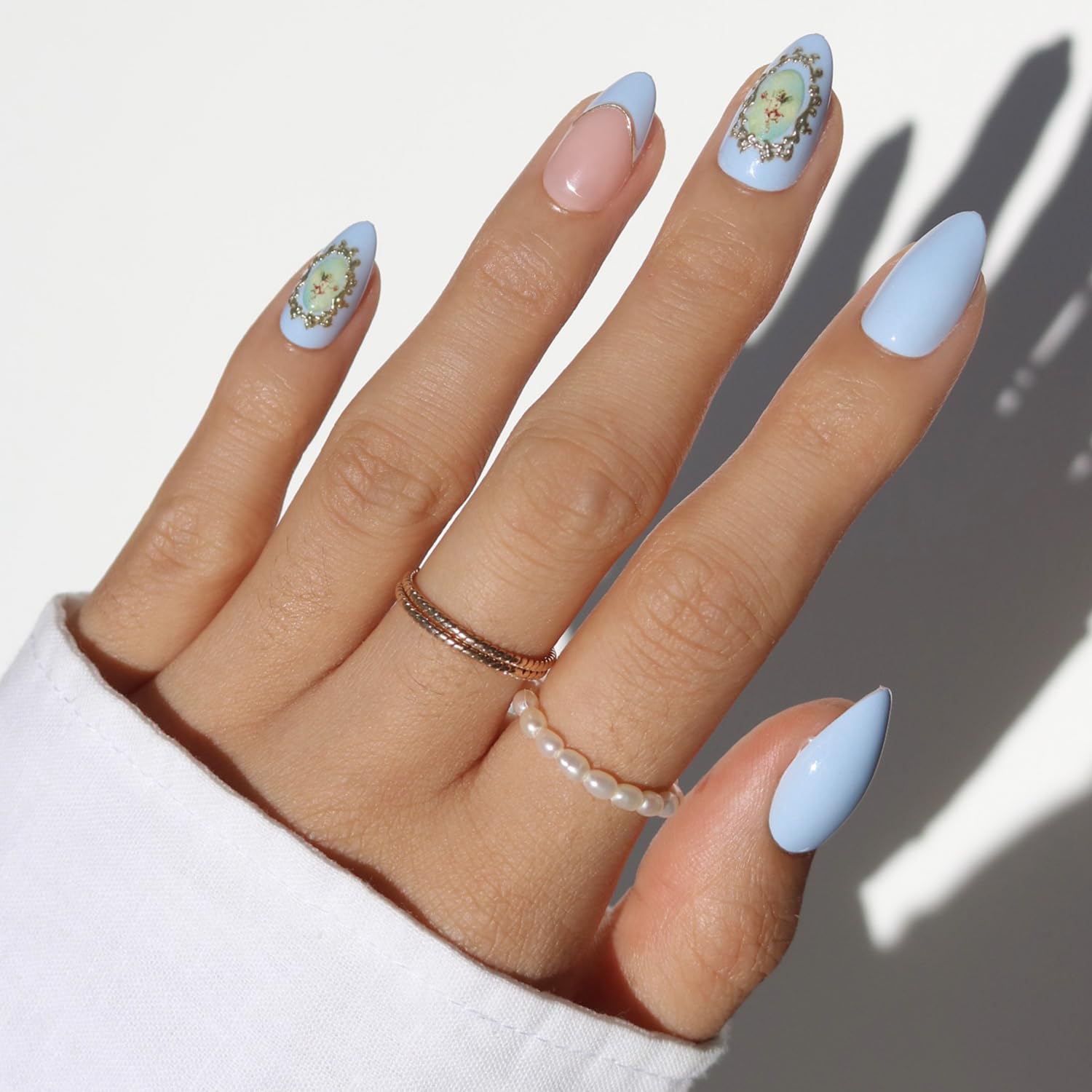 Glamnetic Press On Nails - Angel in Blue Spring Nails | Short Almond Fake Nails in a Soft Powder Blue Hue, Vintage Angel Cherub Graphics, French Tips