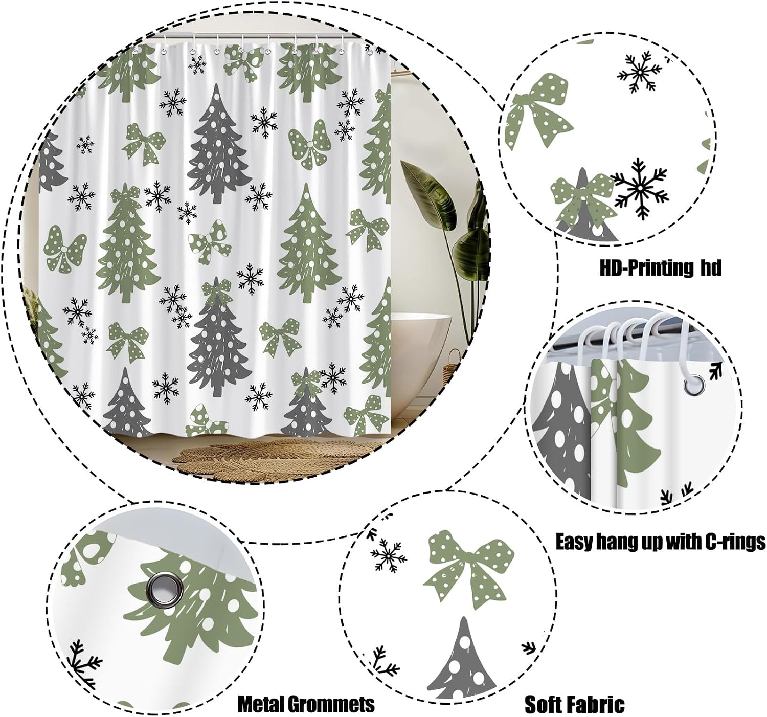 Christmas Tree Shower Curtain Sage Geen Gray Xmas Tree Snowflake Dots Bow Cute Winter Extra Long Bathroom Home Curtain with Hooks,70x78 Inch