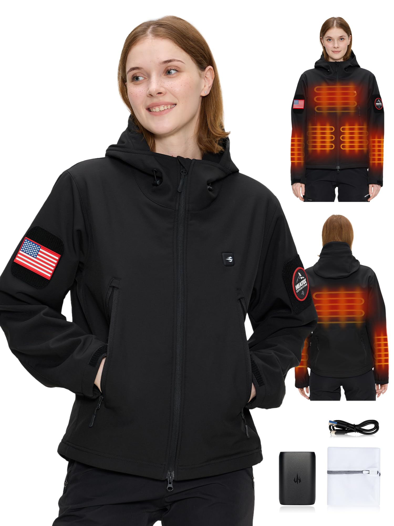 Veste chauffante pour femme avec batterie 12V - Manteau chauffant Softshell 5 zones de chaleur pour la randonnée et les loisirs en plein air