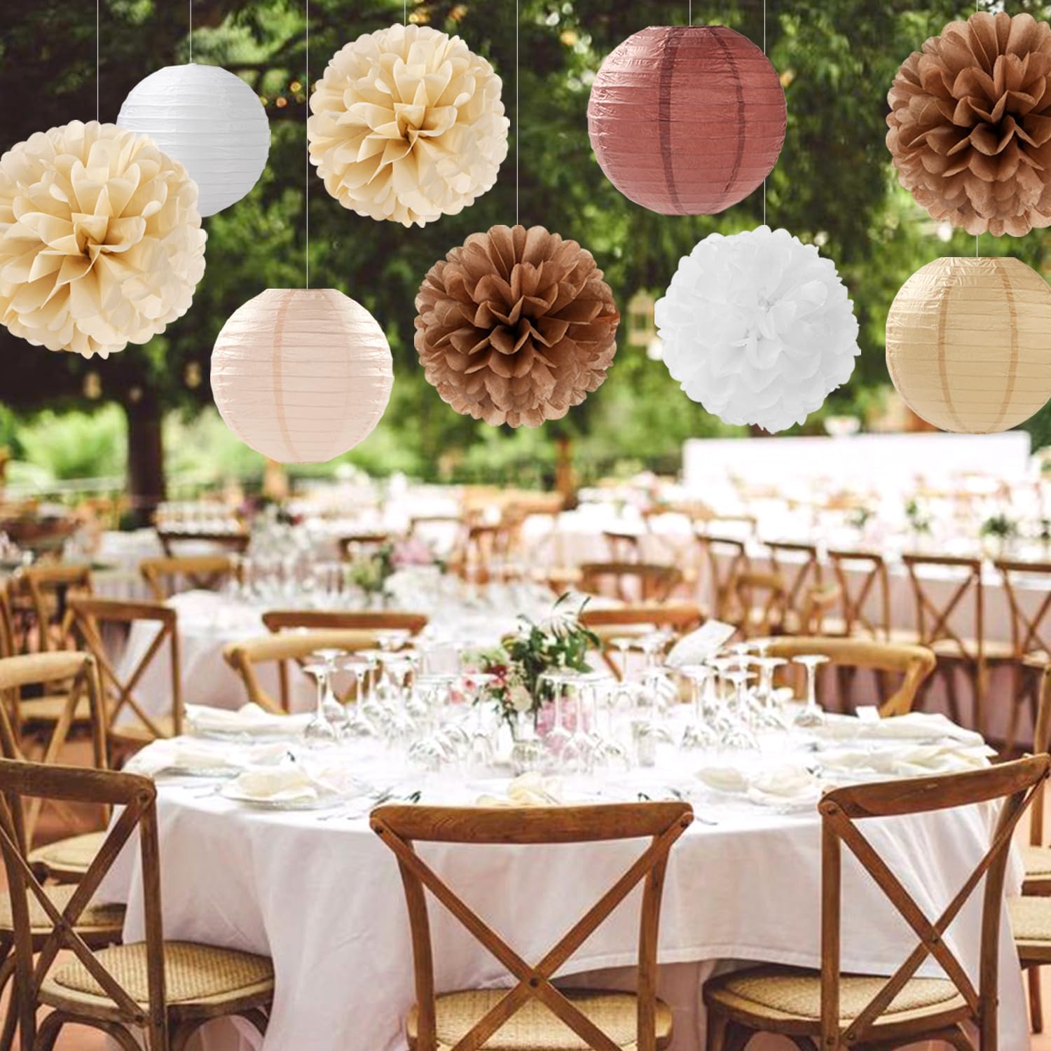 Pompons Papier De Soie Décoration Mariage - Lot De 15 (20 & 25 Cm) - Couleurs Marron, Beige, Blanc - Déco Boho Chic Fête Anniversaire - 3