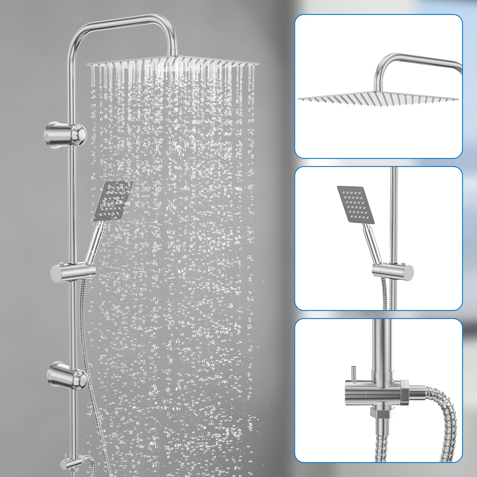 Columna Ducha Completa sin Mezclador, Duchas de Baño Columna en Acero Inoxidable, Cromado con Cabezal de Lluvia 30x30 cm y Soporte Ajustable