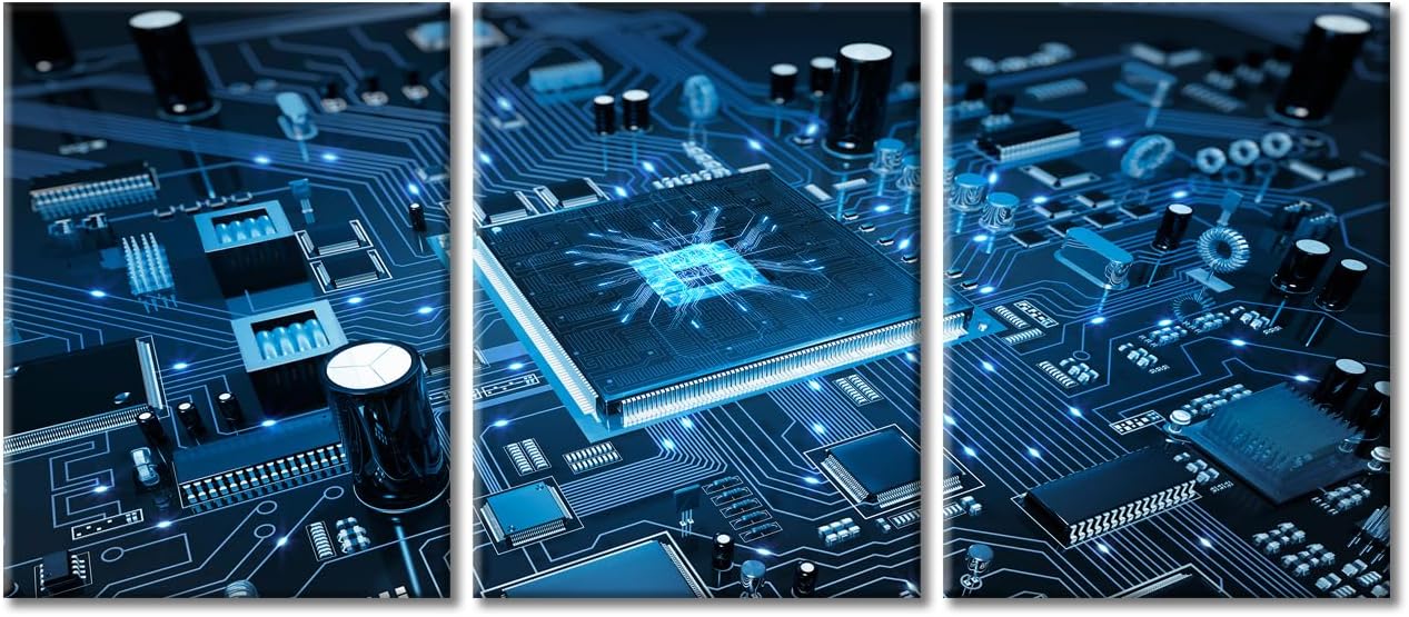 CPU Concept Canvas Wall Art Integrated Communication Processor Posters and Prints Bathroom Decor Wall Art 3 Panel Circuit Board Bedroom Poster Artwork Print on Canvas Framed Ready to Hang (36″Wx16″H)
