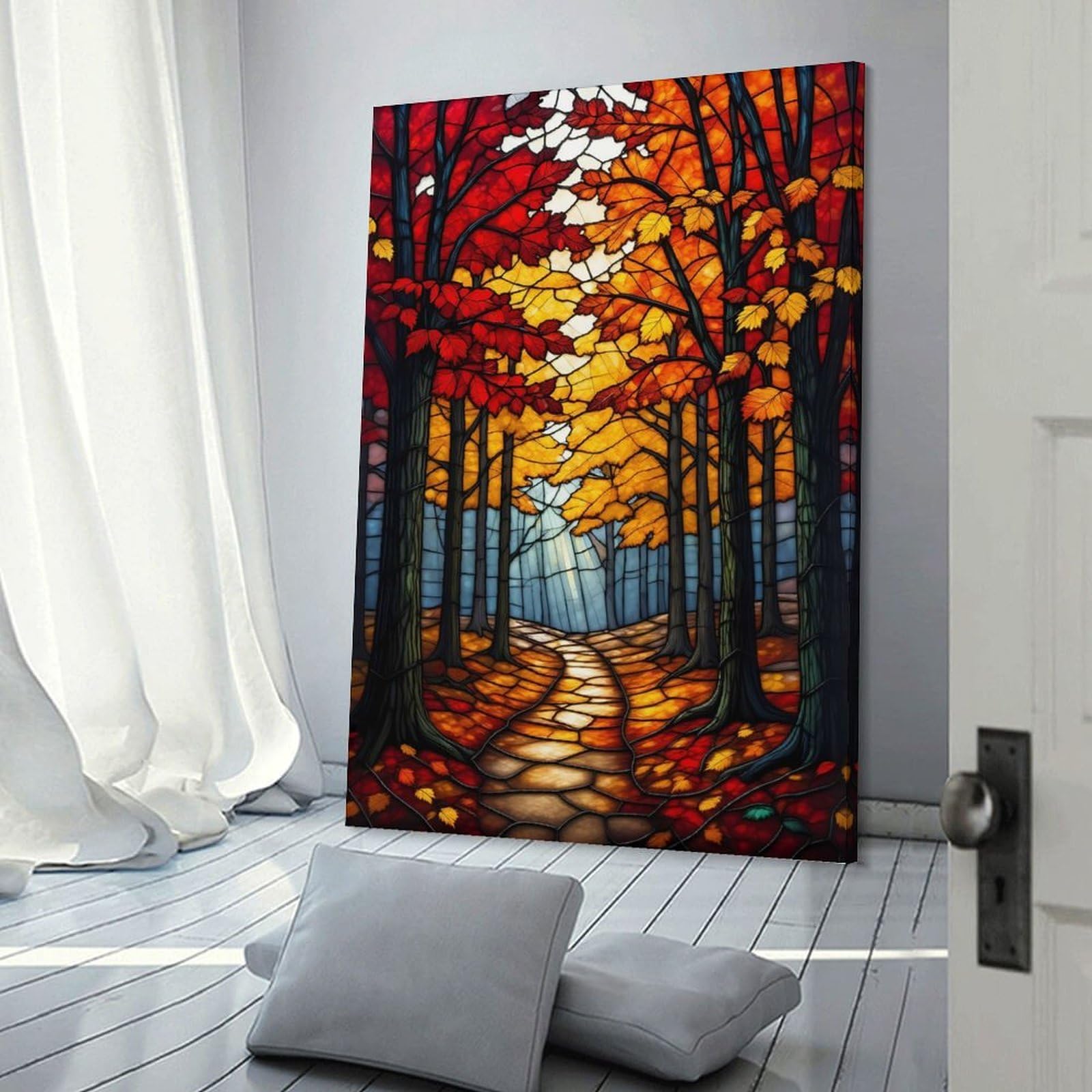 Junmoney Stained Glass Autumn Forest Path Home Decor Wall Art 24x36inch(60x90cm), for Office, Study Or Home Workspace, Home Office Artwork with Decorative Appeal