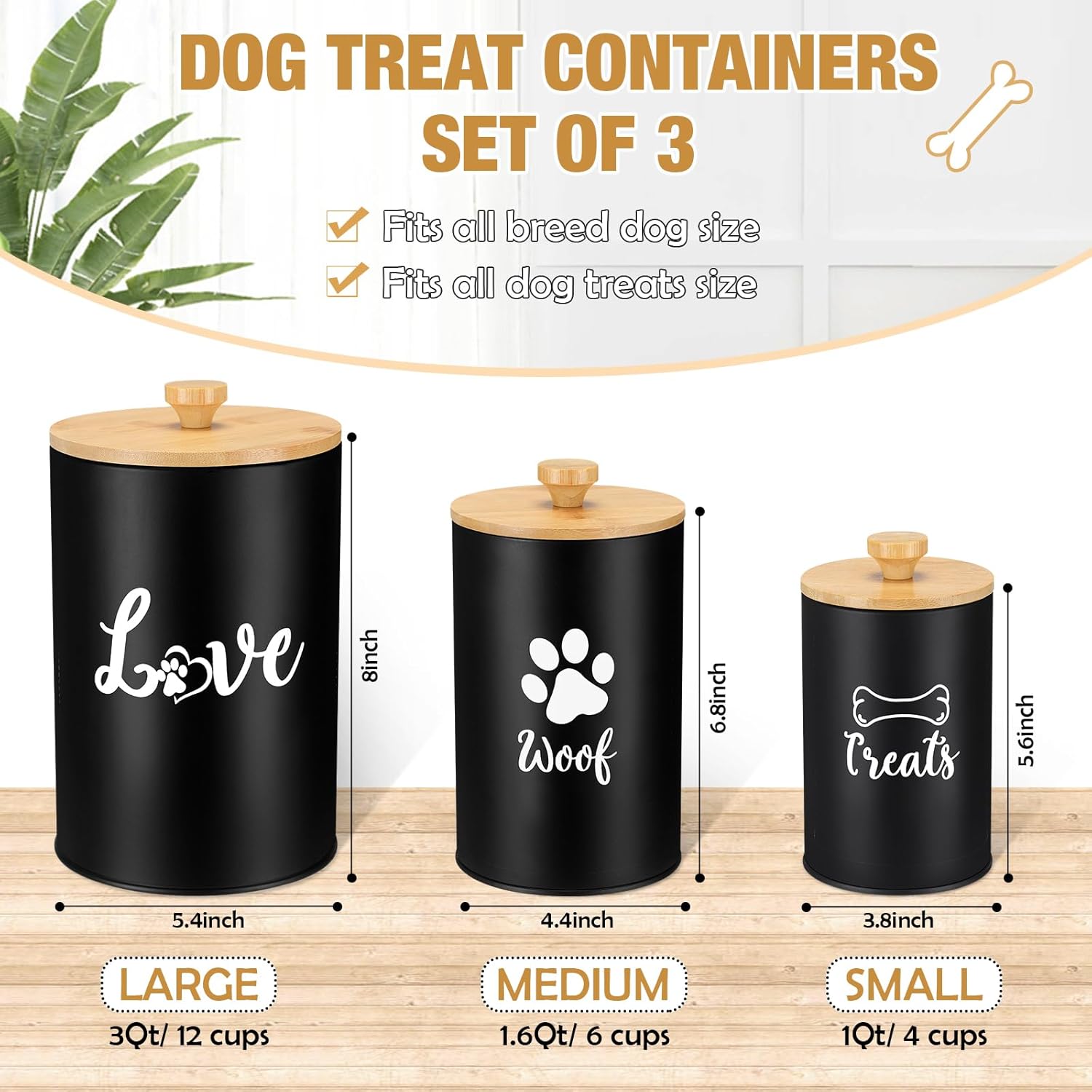 Tioncy Dog Treat Container Set of 3 with Bamboo Lids and Spoon Airtight Metal Dog Treat Jars with DIY Labels Pen Large Pet Cookie Snack Food Storage Container for Kitchen Counter (Black)