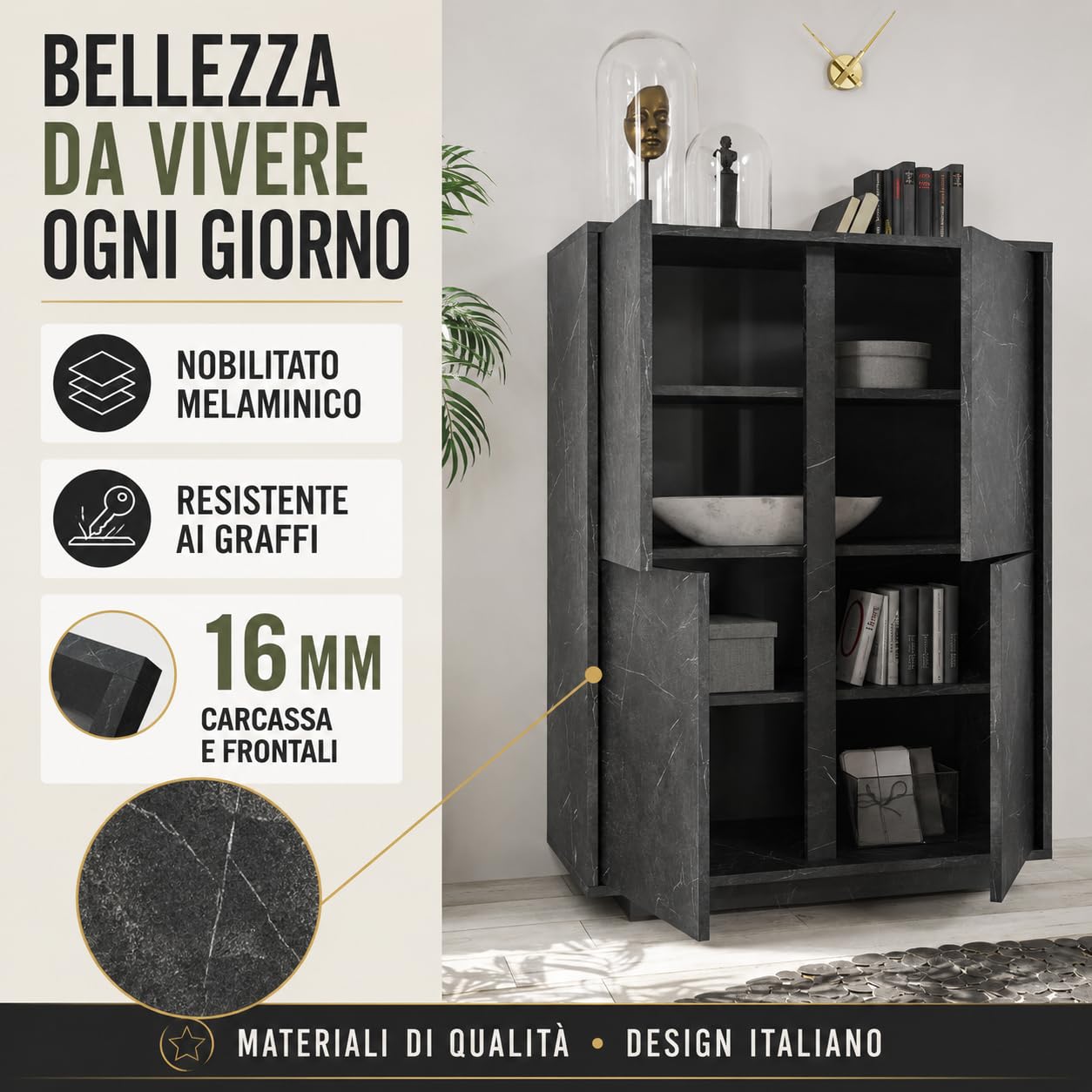 Web Convenienza Madia con 4 Ante Made in Italy – Credenza Contenitore Collezione Carrara per Soggiorno Cucina Ingresso Sala da Pranzo Mobile Design moderno originale Marmo Nero