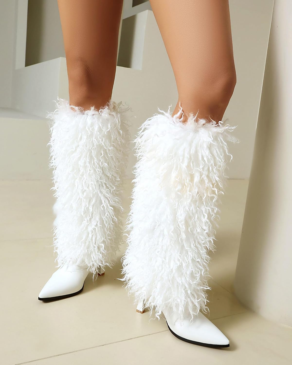 KOKOMOMO White Furry Knee High Boots for Women Stiletto High Heels Pointed Toe Faux Fur Mid-Calf Boot Cute Fuzzy Fall Winter Tall Boots Fashion Wedding Party Dress Shoes