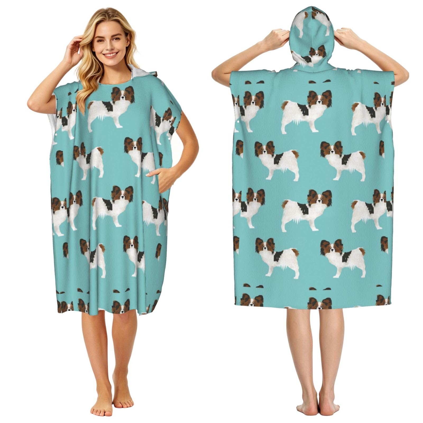 Poadnly Papillon Dogs Cute Toy Spaniel Dog, Adult Hooded Beach Towel 90 x 110 cm,Changing Bath Robe, Surf Poncho Towel For Women Men