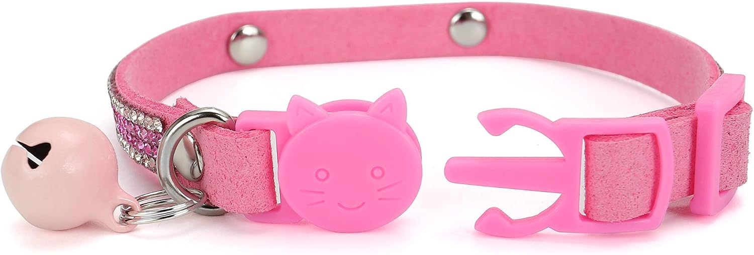 Mogoko Personalized Breakaway Cat Diamond Collar, Customized Bling Kitten Pet Collar with Engraved ID Name Plate and Bell(Pink)