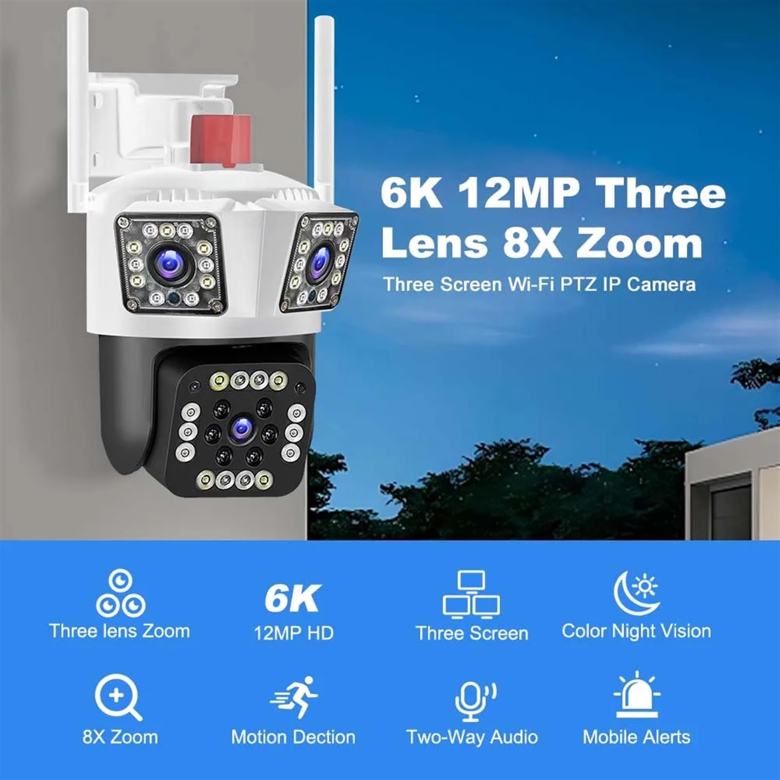 IP Camera 12MP 6K Three Lens 8X Zoom Surveillance Camera AI Tracking Security Protection Outdoor Security Camera CCTV Cam(6K 12MP Camera)