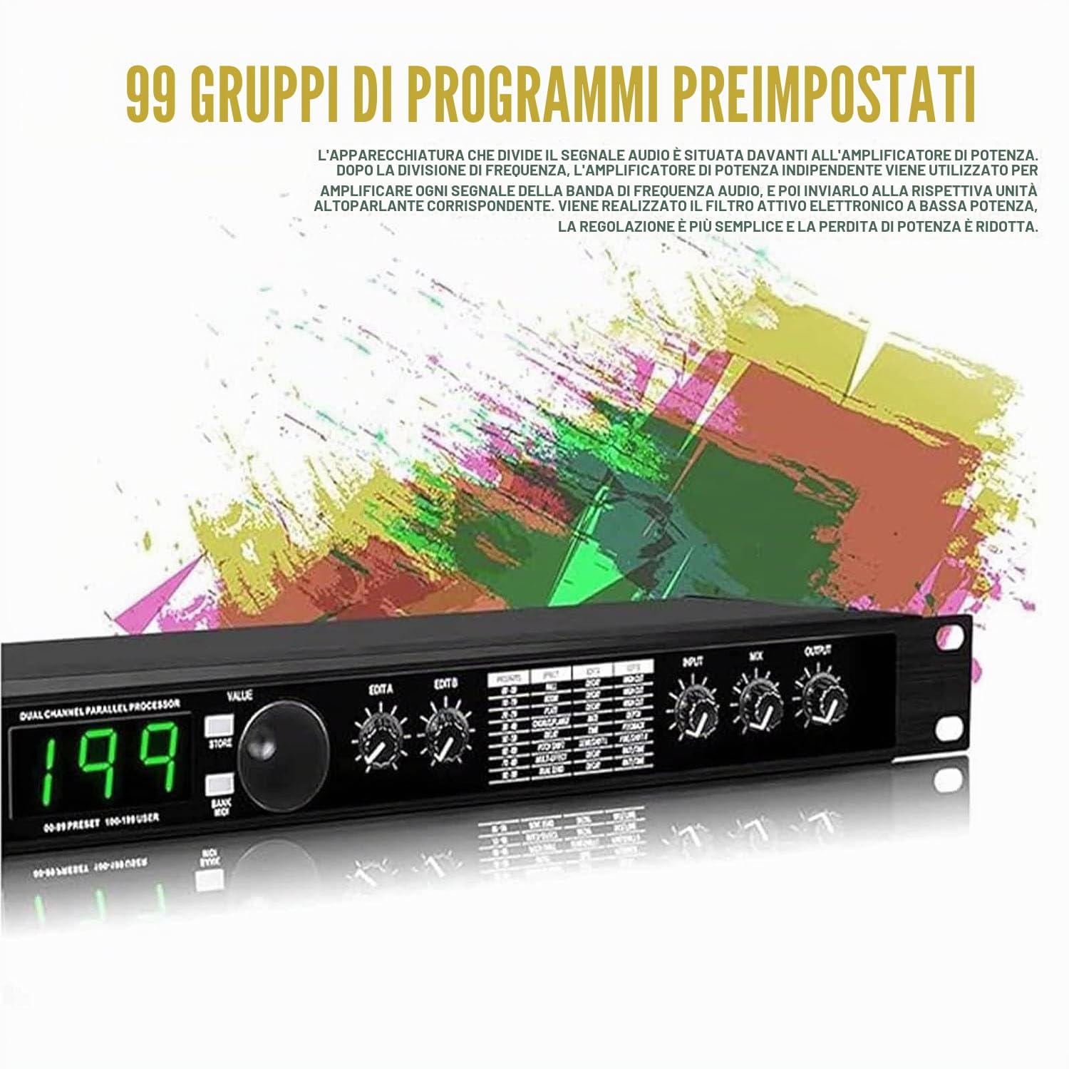 Processore audio digitale con DSP a 24 bit, 99 preset, 199 effetti sonori, riduzione del rumore per registrazione e mixaggio