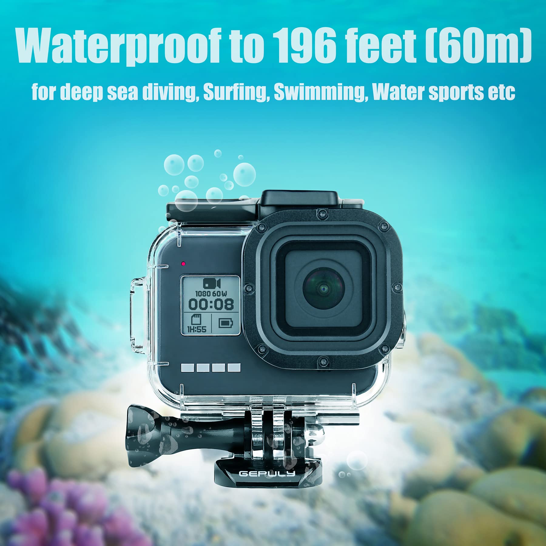 GEPULY Custodia impermeabile per GoPro Hero 8 nero con 4 filtri subacquei, custodia subacquea da 60 m, con filtri rossi, snorkeling, magenta, Close-up per GoPro Hero 8 fotocamera nera