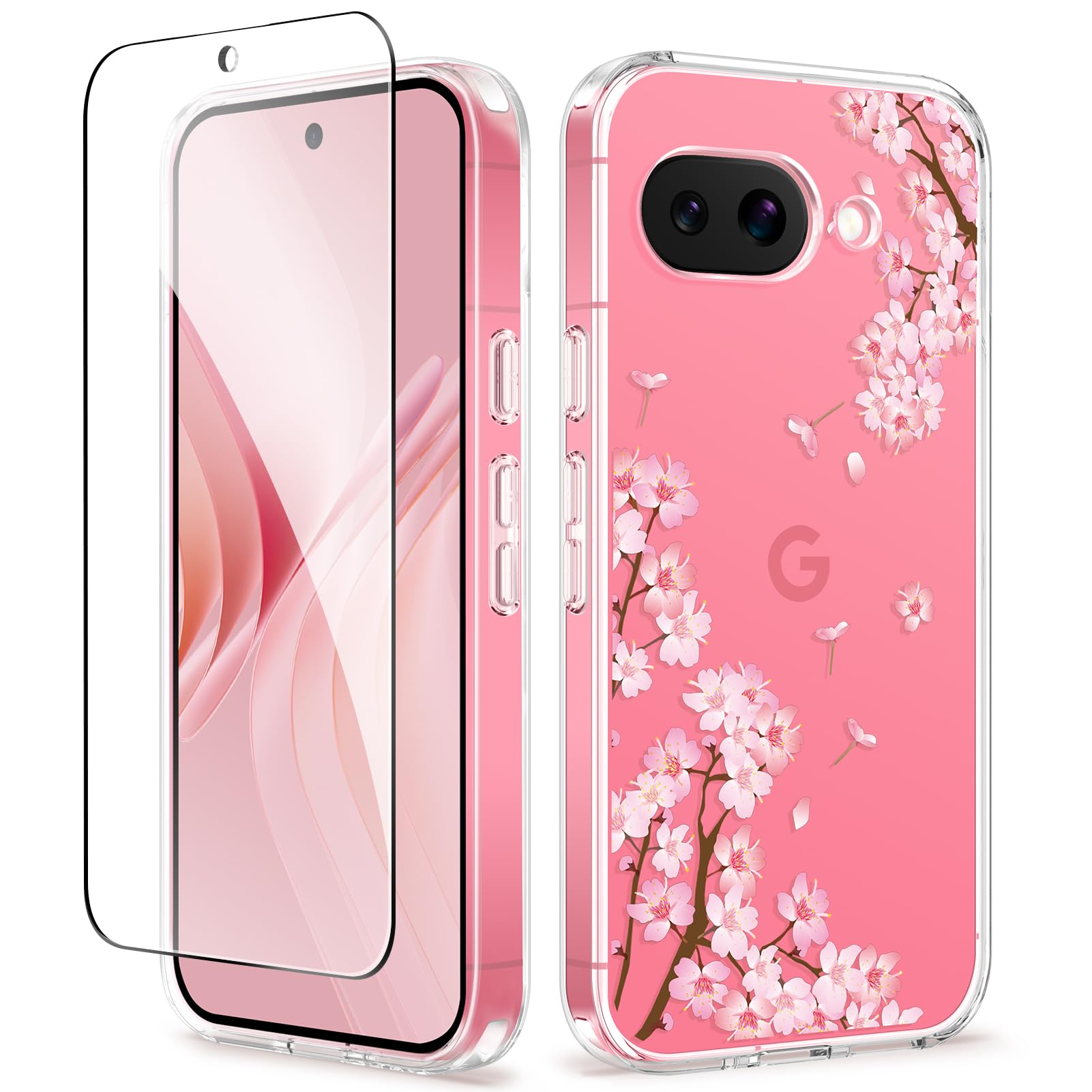 GVIEWIN for Google Pixel 9a Case with Screen Protector | Military Grade Protection, Clear Floral Slim Shockproof Protective Women Phone Case Cover for Pixel 9 (Sakura/Pink) Sakura/Pink For Google Pixel 9a