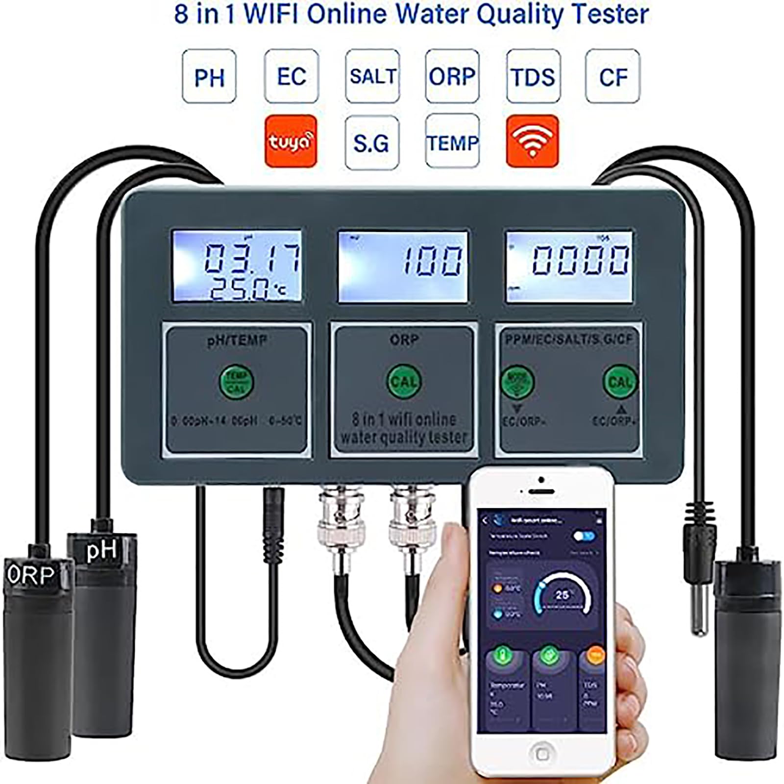 Probador de calidad del agua 8 en 1, monitor inteligente para pH, TDS, EC, ORP, sal, temperatura con pantalla digital para acuarios, hidroponía, piscinas