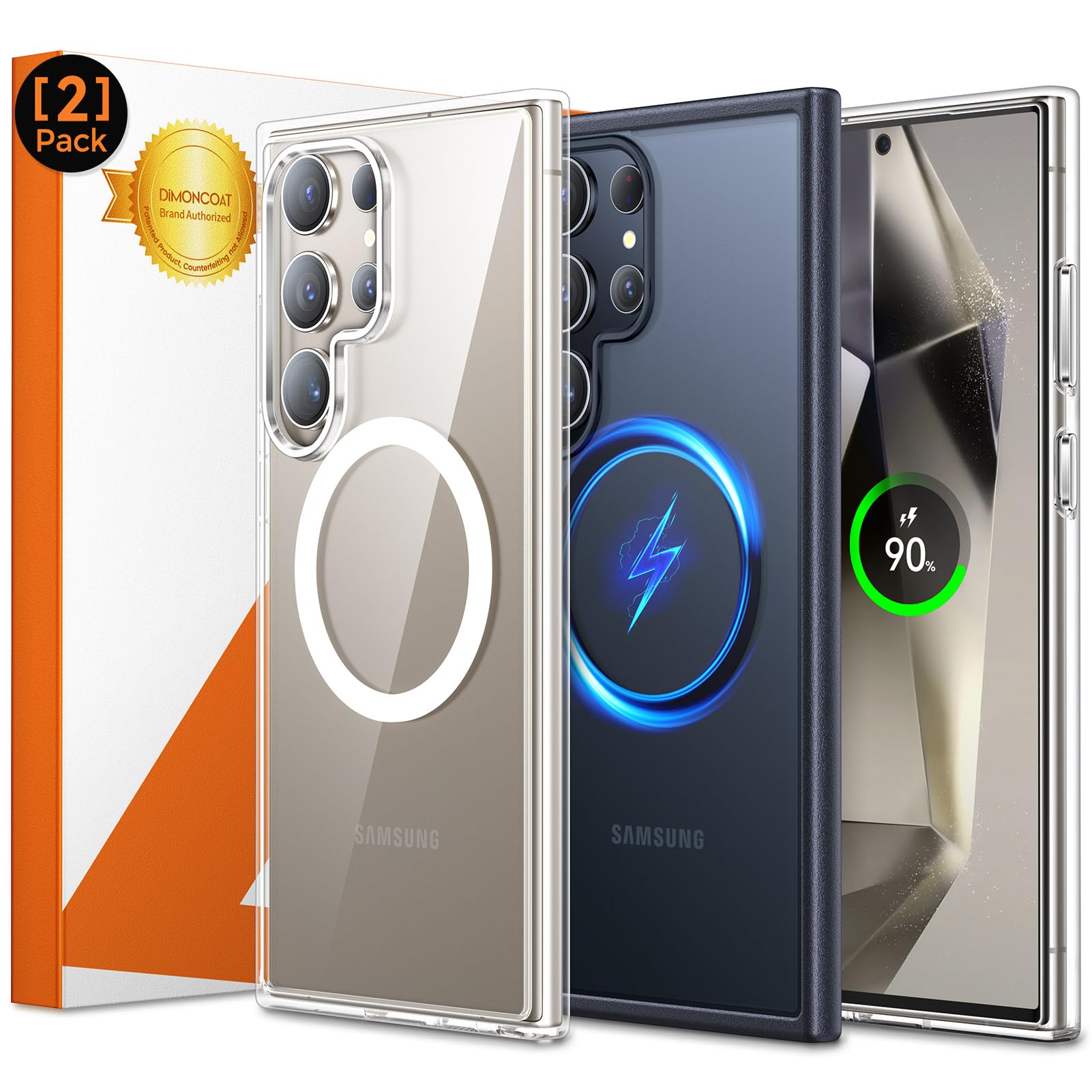 DIMONCOAT 2-Pack Magnetic for Samsung Galaxy S24 Ultra Case [Clear & Matte Black] [Compatible with MagSafe] [12FT Military Drop Protection] Shockproof Slim Anti-Scratch S24 Ultra Phone Case 6.8''