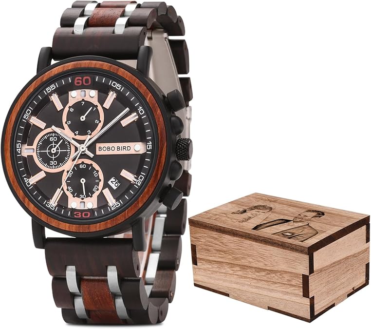 BOBO BIRD S18-1 Personalized Engraved Wood Watch Customized Wooden Watches for Husband Boyfriend Birthday Anniversary (Customized+Box)