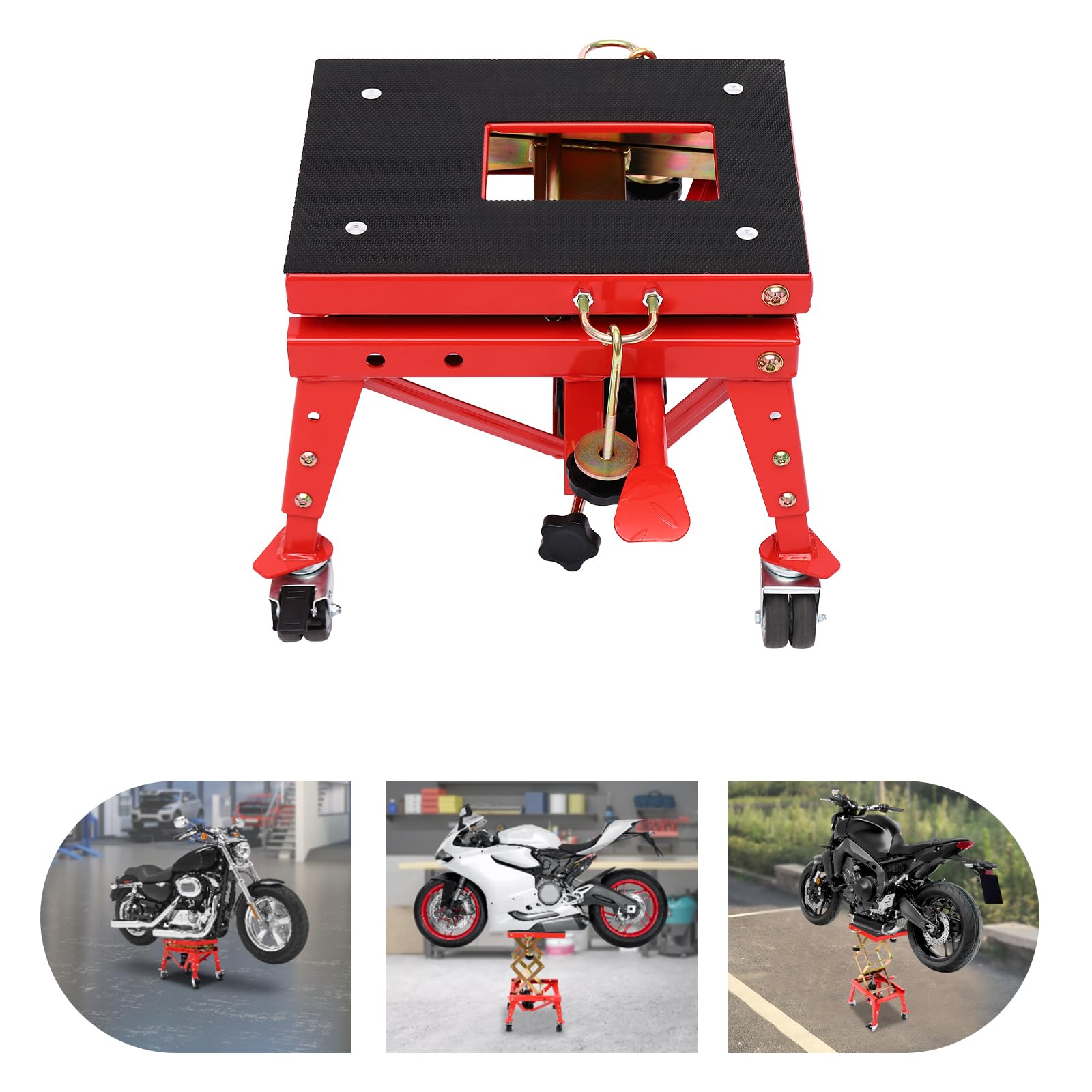 Plataforma elevadora hidráulica para motocicleta, altura ajustable 30-80 cm, capacidad de carga 160 kg, con 4 ruedas y ganchos en J, plataforma de elevación estable para motocicletas y ATVs