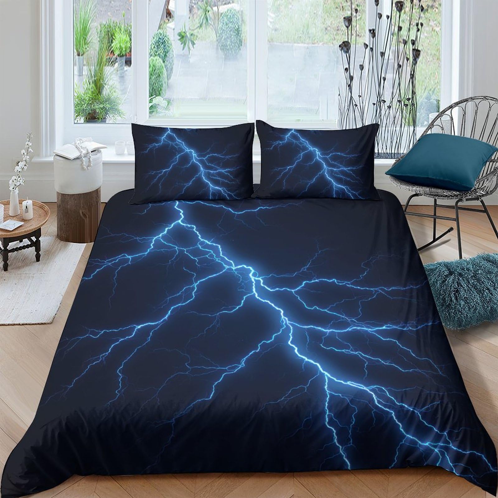 Ctjqhvkz Style-10 3D Printed Lightning Storm Fitted Sheet Microfiber Dark Blue Mattress Cover Bedroom Decor Anti-Slip Washable Single（135X200cm）