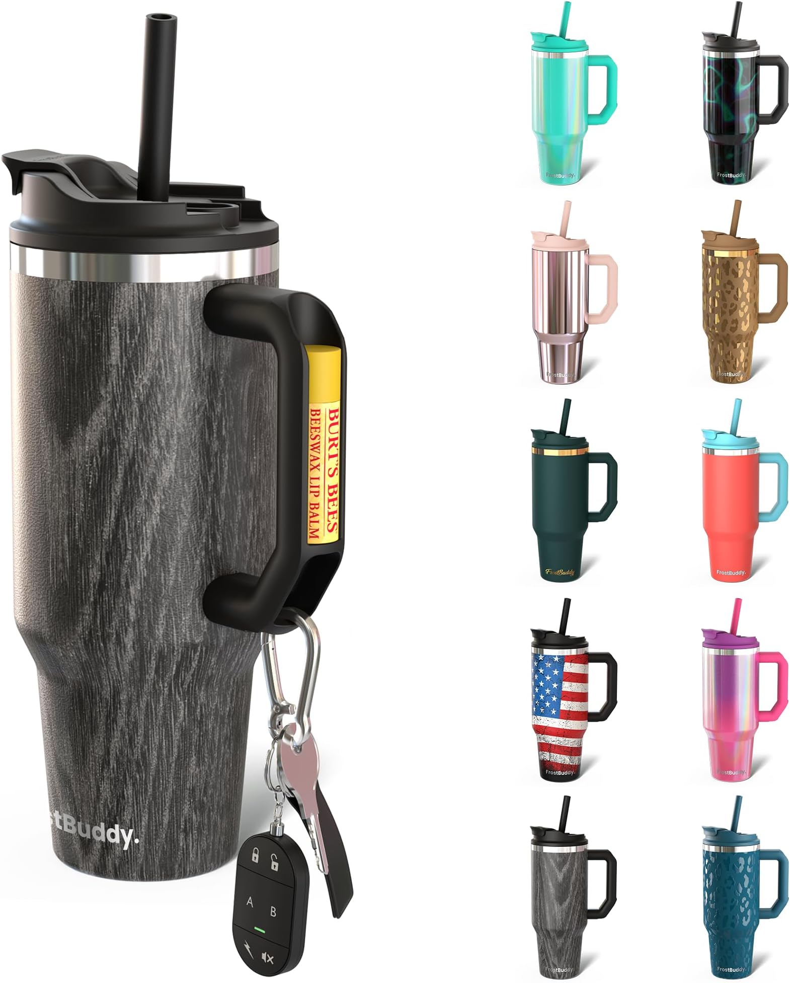 Frost Buddy Thicc Buddy - 40 oz Stainless Steel Vacuum Insulated Tumbler with Lid and Straw for Water - Travel Mug Cupholder Friendly - Gifts for Women Men Him Her (Black Wood)