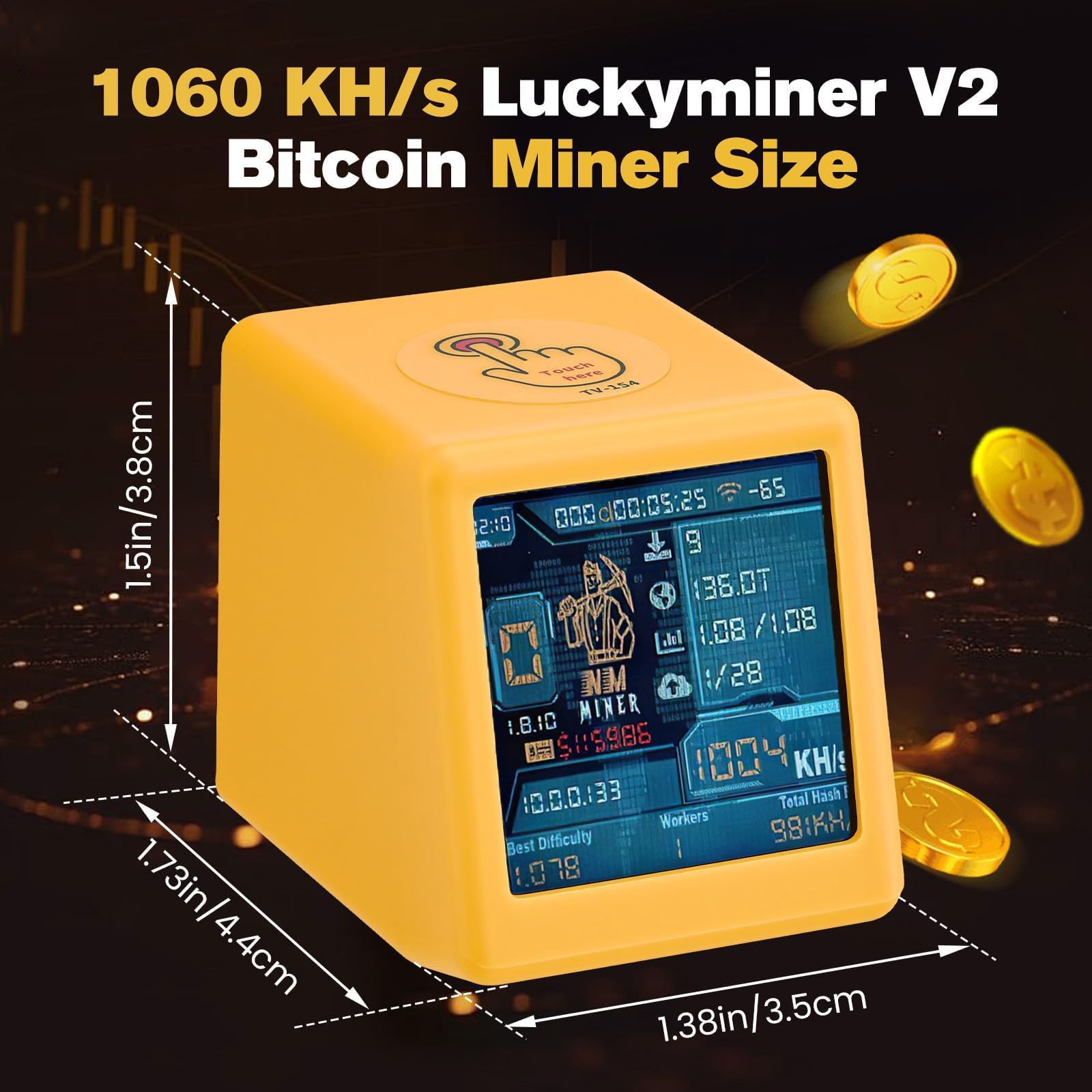 Luckyminer V2 Bitcoin Miner - 1060 KH/s Solo Lottery Miner Mit ESP32-WROOM-32, 1,54-Zoll-Display & Hash-Rate-Rechner - Plug & Play USB Miner Für Zuhause, Büro & Als Tischuhr (Kompatibel Mit V2)