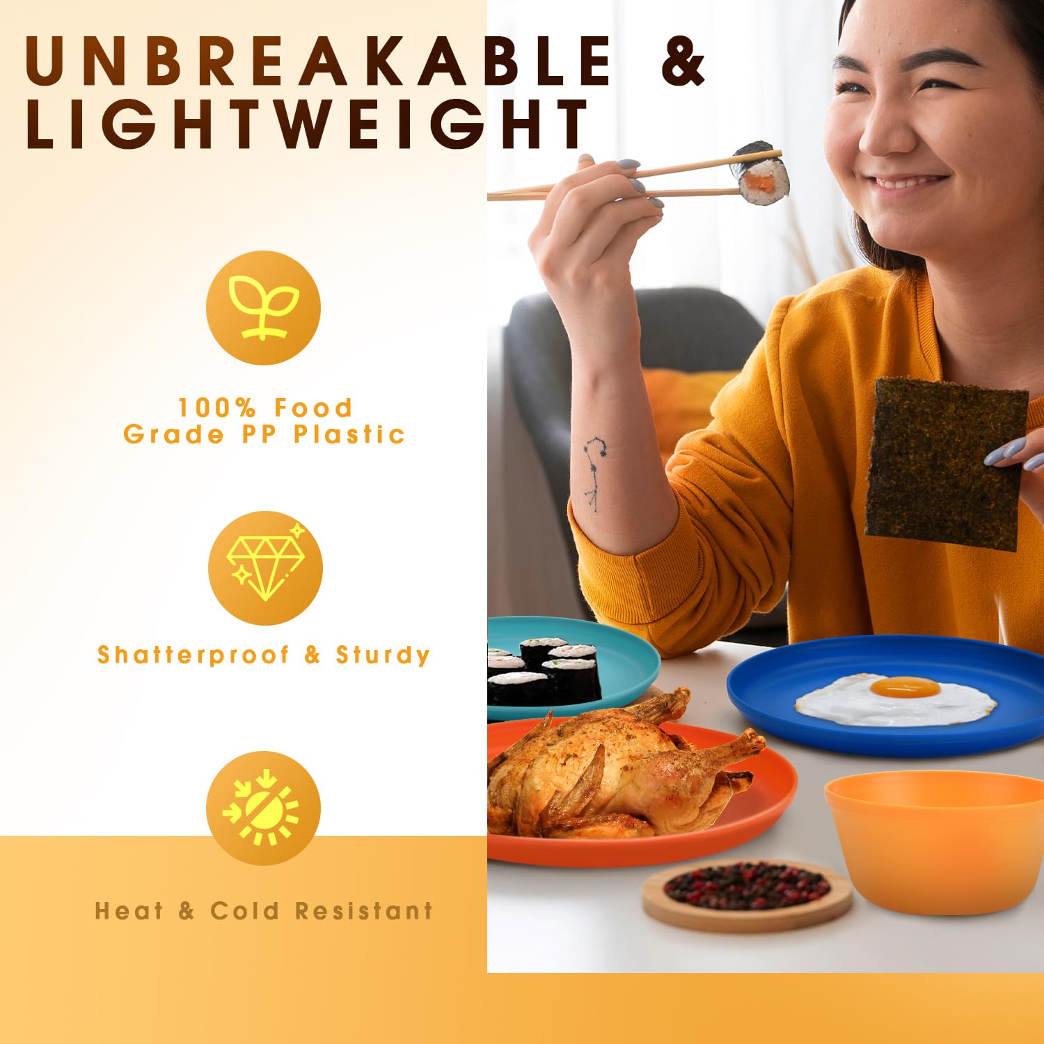 ZIVONA Plastic Dinnerware Sets – 40-Piece Colorful Plates and Bowls Set for 8, Reusable Unbreakable Fiesta Style Party Dishes with Cups, Knives, Forks and Spoons, for Outdoor, Picnic or Everyday Use