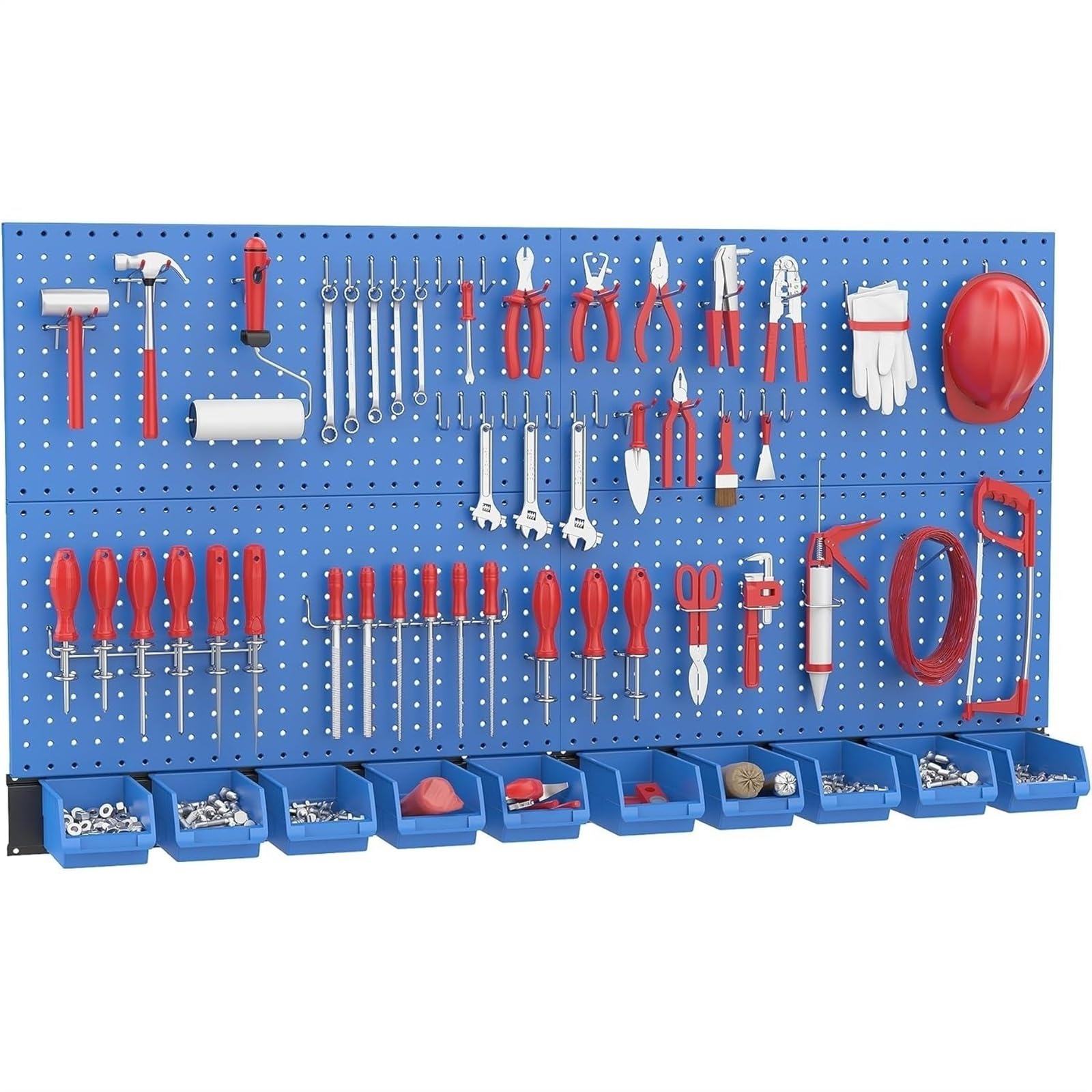 XILEUDUOD Pegboard Pegboard Wall Organizer, Blue Metal Pegboard Panels, Garage Storage System with Hooks and Bins