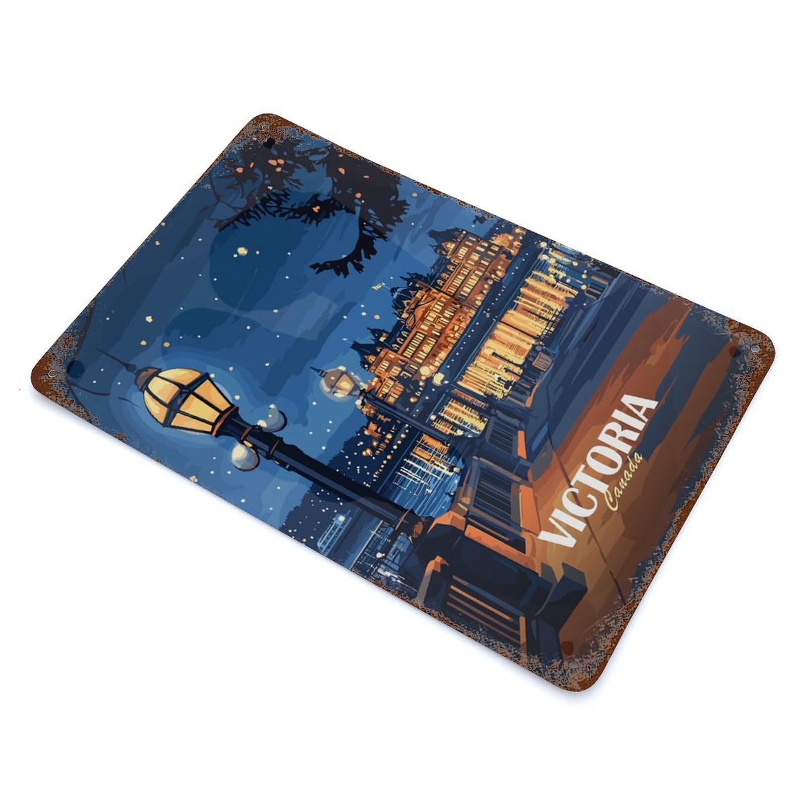 Victoria, Canada Nightscape Illustration Rust Effect Tin Sign 11.8"x7.9", Retro Wall Decor for Patio, Garden Room And Bar Decor