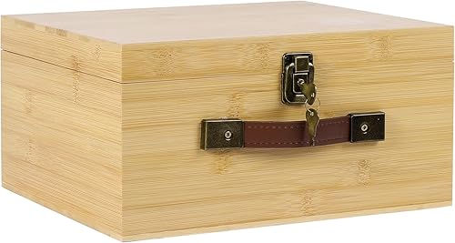 Miniatura 2 de ANMINY Caja de almacenamiento grande de madera de bambú con llaves de cerradura, tapa con bisagras, asas de piel sintética, cesta de almacenamiento