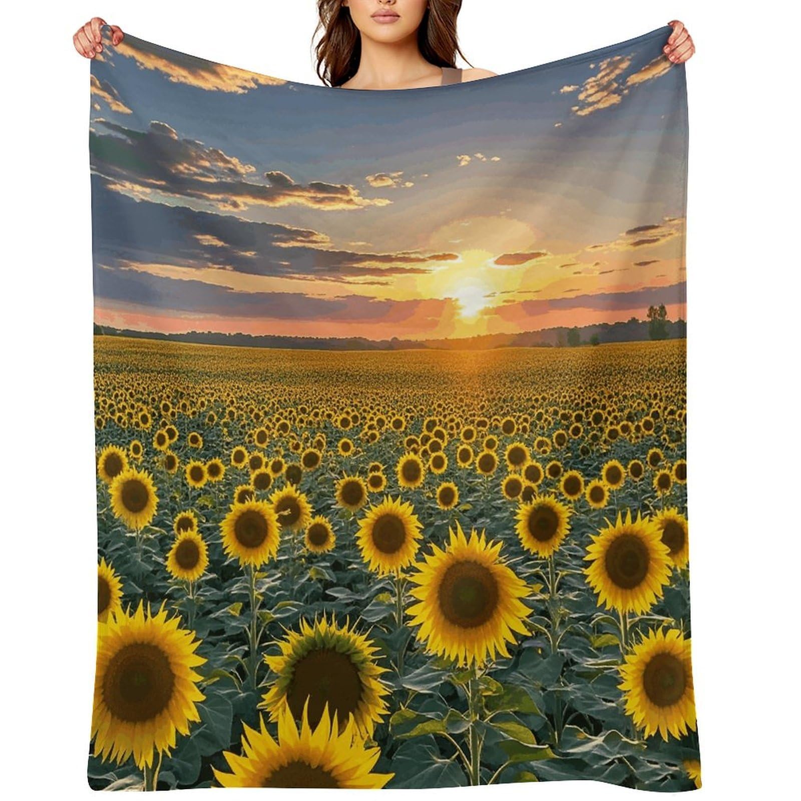 Dreamlike Sunset of A Sunflower Field Throw Blanket for Couch and Bed Super Soft Warm Lightweight Throw Blankets Cozy Fuzzy Flannel Blanket Personalized Decorative Blankets for Sofa Decor 50"x60"