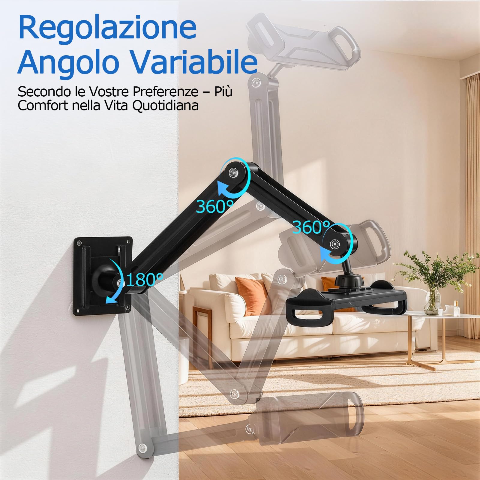 Porta Tablet da Letto in Alluminio, Supporto 360° Girevole per iPad 4.7-13 Pollici, a Muro