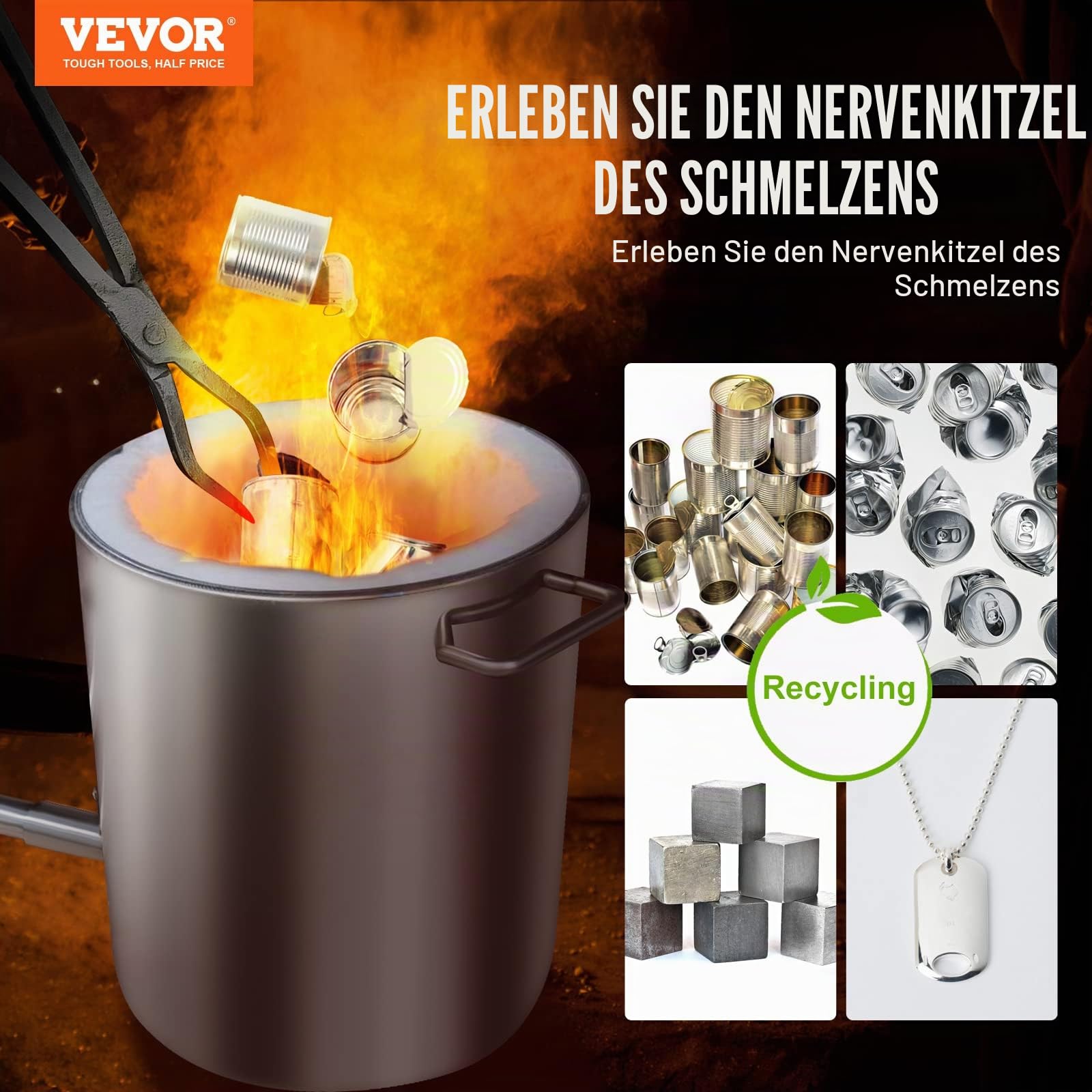 VEVOR Metallschmelzofen, 6 kg große Kapazität, Gießerei-Heimöfen, Schmiede mit Tiegel und Zange, Edelstahlschmelze, für Metallschrott, Gold, Kupfer, Silberguss