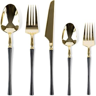 Infinity Flatware Deluxe Black & Gold Combo - 40 Count | Premium Disposable Plastic Cutlery Set with 8 Dinner Forks, 8 Salad Forks, 8 Knives, 8 Soup Spoons, and 8 Teaspoons