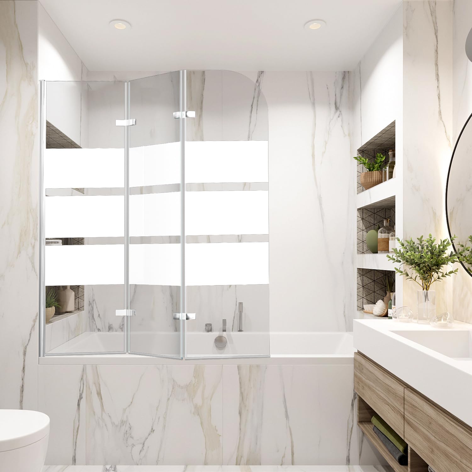 Vasca da bagno 120 x 140 cm, 3 pezzi, pieghevole, parete doccia per vasca da bagno in vetro di sicurezza ESG da 6 mm, con strisce bianche, rivestimento nano, paraspruzzi, argento