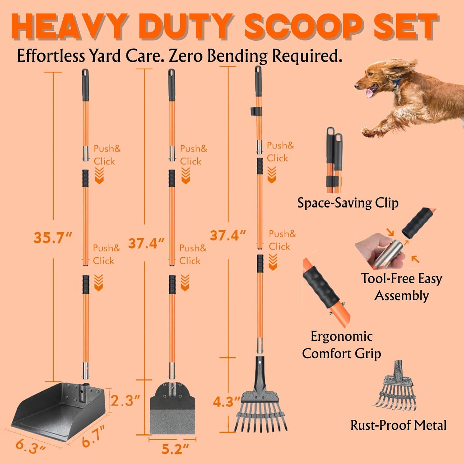 Pooper Scooper 6 Pack Set -INCL 15L Trash Can Outside, 20 Waste Bags, 38" Long Handle Dog Pooper Scooper Rake Tray Spade Set for Large Dog,OdorLock Step Can for no Touch Dog Poop for Grass/Gravel