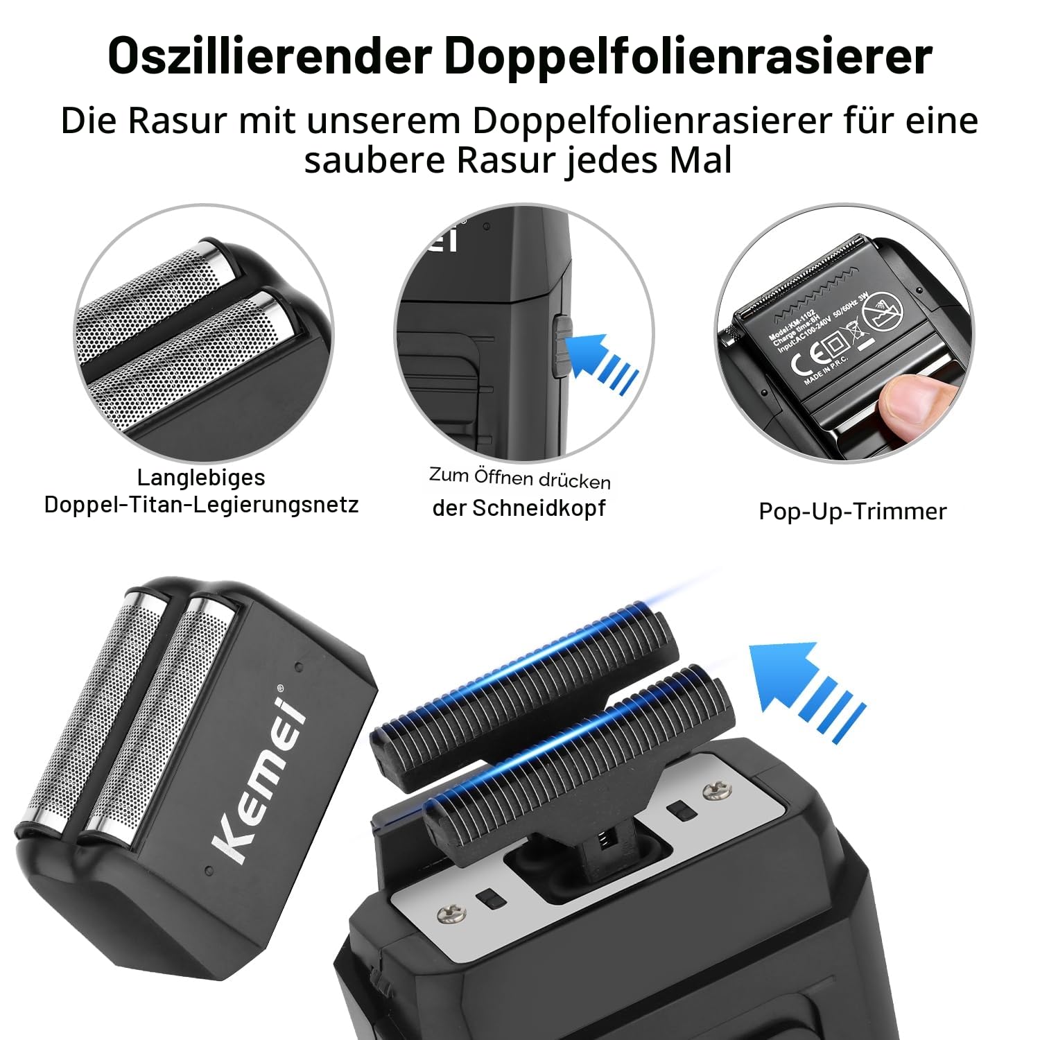KEMEI Professionelle Haarschneidemaschine für Männer, Schnurloser Haarschneider Bartschneider Folienrasierer Nase Augenbrauen Ohrschneider Set, USB-Aufladung Komplettes Elektrisches Haarschneide-Kit