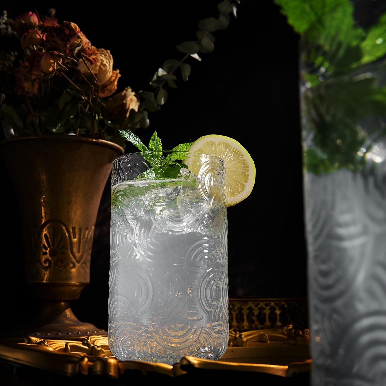Khen Gatsby Highball Drinking Glass | Set of 2 | Vintage Cocktail Crystal Drinking Glasses Art Deco Gold Plated Tumblers For Water, Juice, Whiskey, Curved Arch Vintage Patterned Design 16oz Glassware