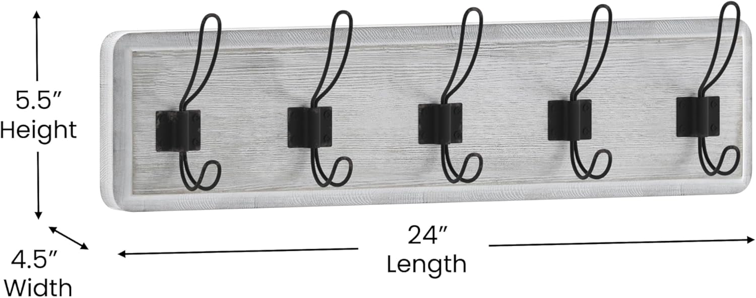 Flash Furniture Daly Wall Mounted Storage Rack - Whitewashed Solid Pine Wood - 24 Inch - 5 Hanging Hooks - For Entryway, Kitchen, Bathroom
