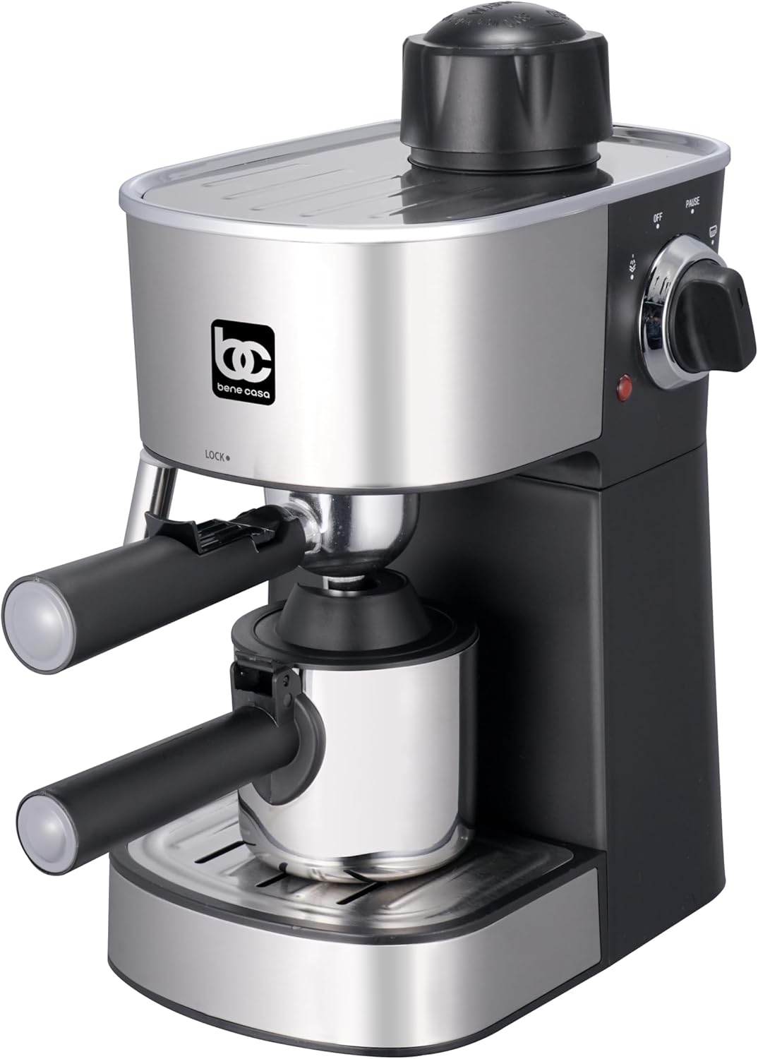Bene Casa Deluxe Stainless Steel 4-Shot Steam Espresso, Cappuccino, and Latte Maker, Stainless Steel Espresso Maker & Carafe.