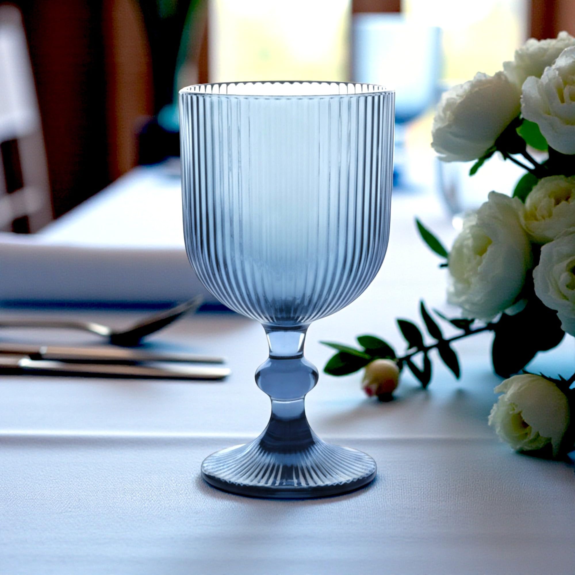 Juego de 6 vasos acanalados y copas de vino, línea estriada, cristal acanalado, vasos de cóctel con relieve, copas de vino, copas de agua (copa de vino azul)
